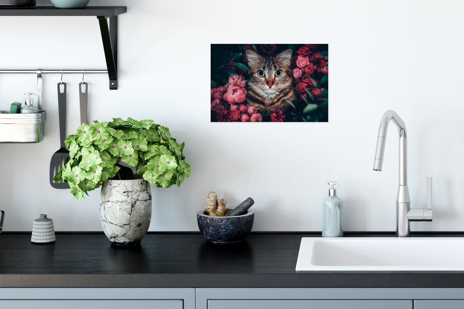 für - Blätter Poster, - (1 Rahmen St), Wohnzimmer, MuchoWow Wandbild, Katze - Wandposter Ohne Botanisch, Blumen Poster