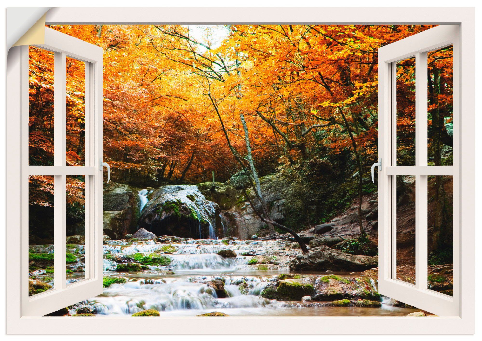 Artland Wandbild Fensterblick - Herbstlicher Wasserfall, Fensterblick (1 St), als Leinwandbild, Wandaufkleber oder Poster in versch. Größen