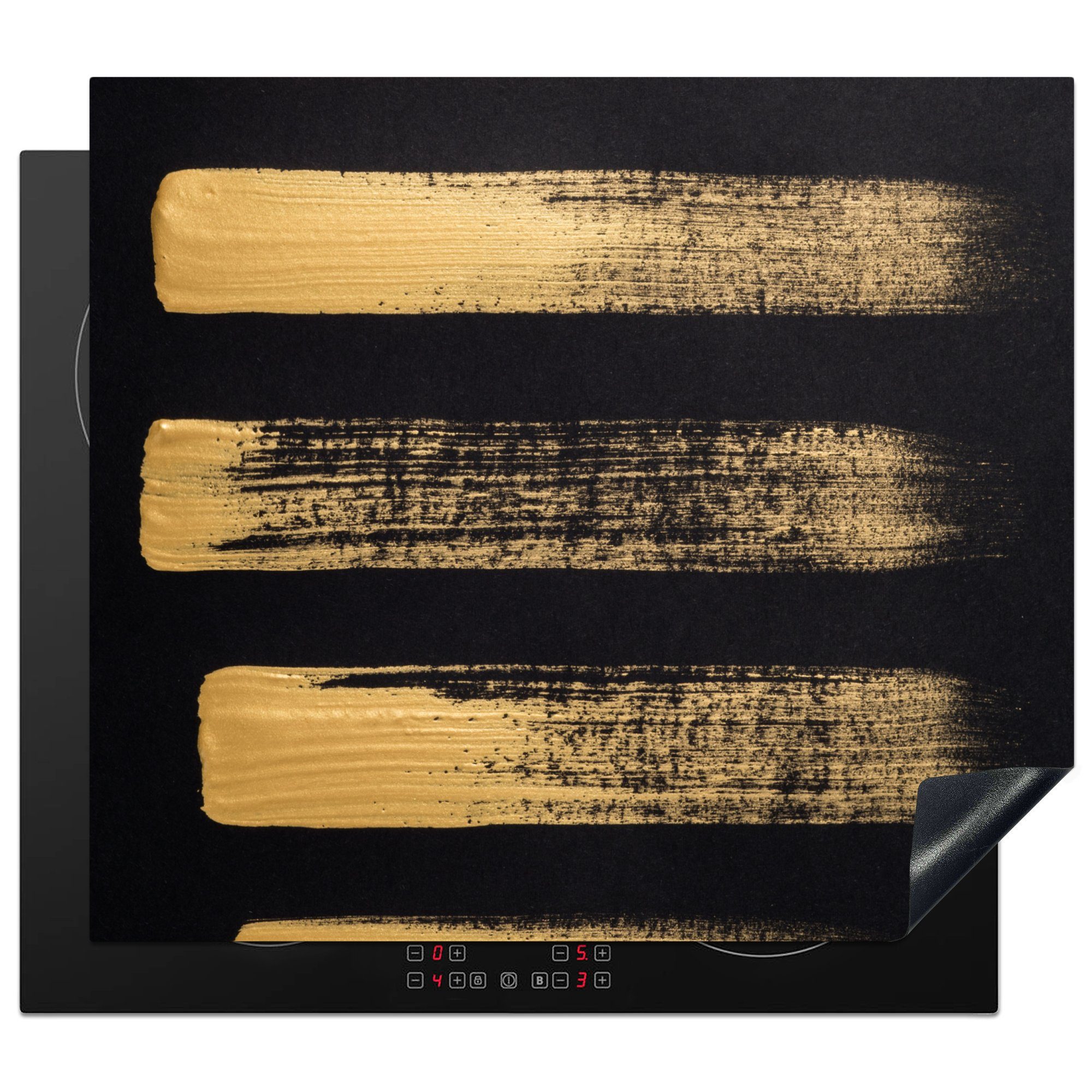 MuchoWow Herdblende-/Abdeckplatte Muster aus goldener Farbe auf schwarzem Hintergrund, Vinyl, (1 tlg), 59x52 cm, Ceranfeldabdeckung für die küche, Induktionsmatte