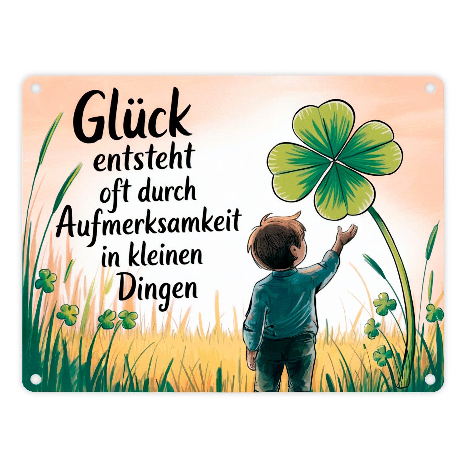 speecheese Metallschild Kind mit Kleeblatt Metallschild in 15x20 cm - Glück durch kleine Dinge