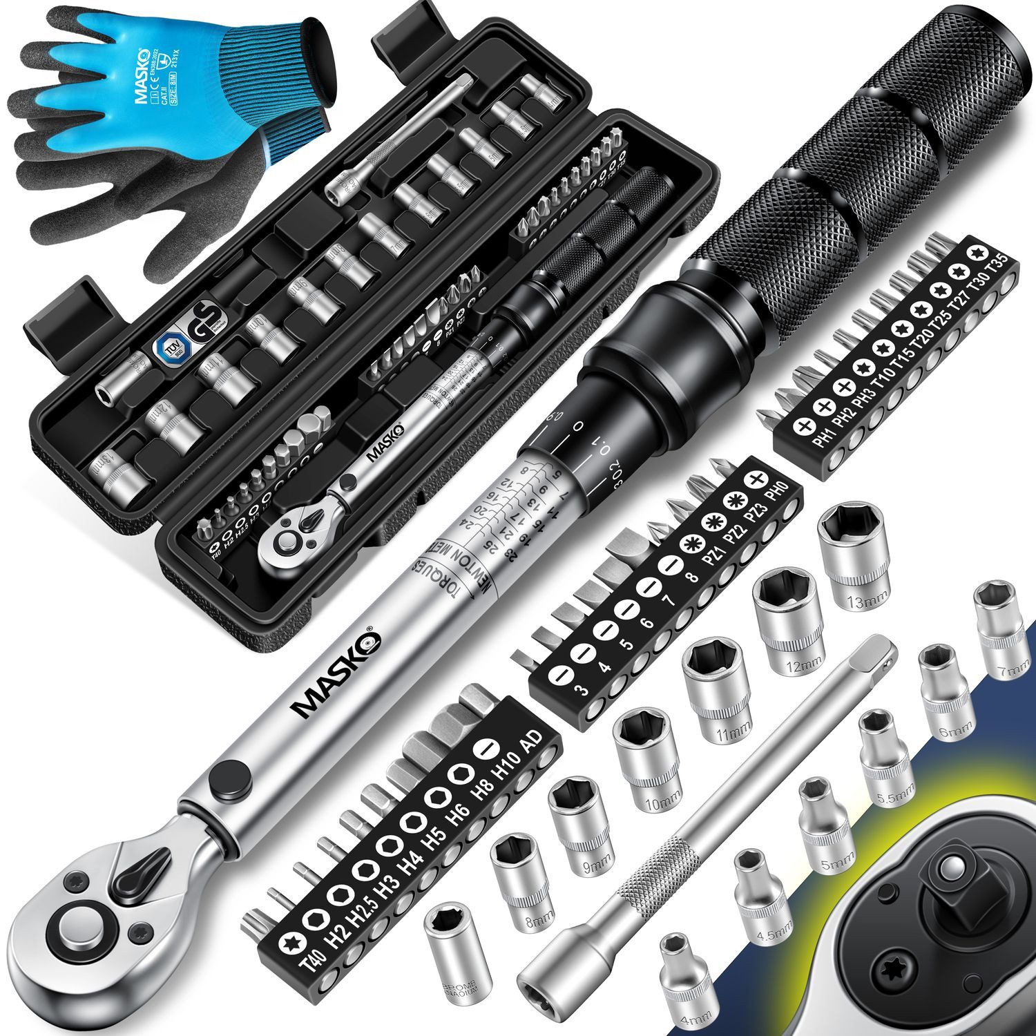 MASKO Drehmomentschlüssel, 45-tlg. Set Auto, Fahrrad & Motorrad 1/4 Zoll 5-25Nm inkl. Handschuhe