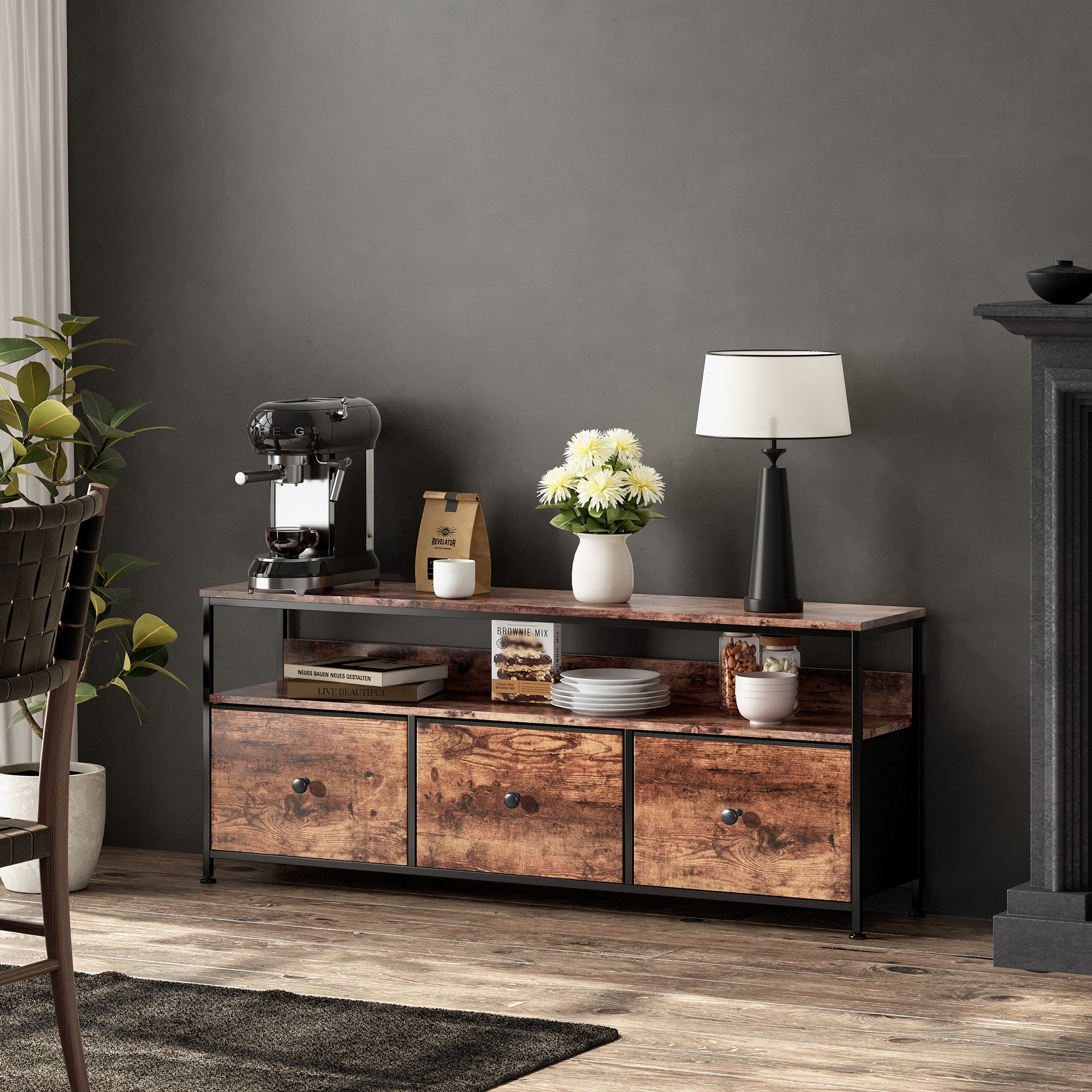 FUROKOY Lowboard TV-Schrank (Fernsehschrank Sideboard-Schrank mit 1 Regal und 3 Stoff Schubladen, TV-Bank für Wohnzimmer Schlafzimmer, 108 x 29.8 x 57cm) – Bild 4 von 5