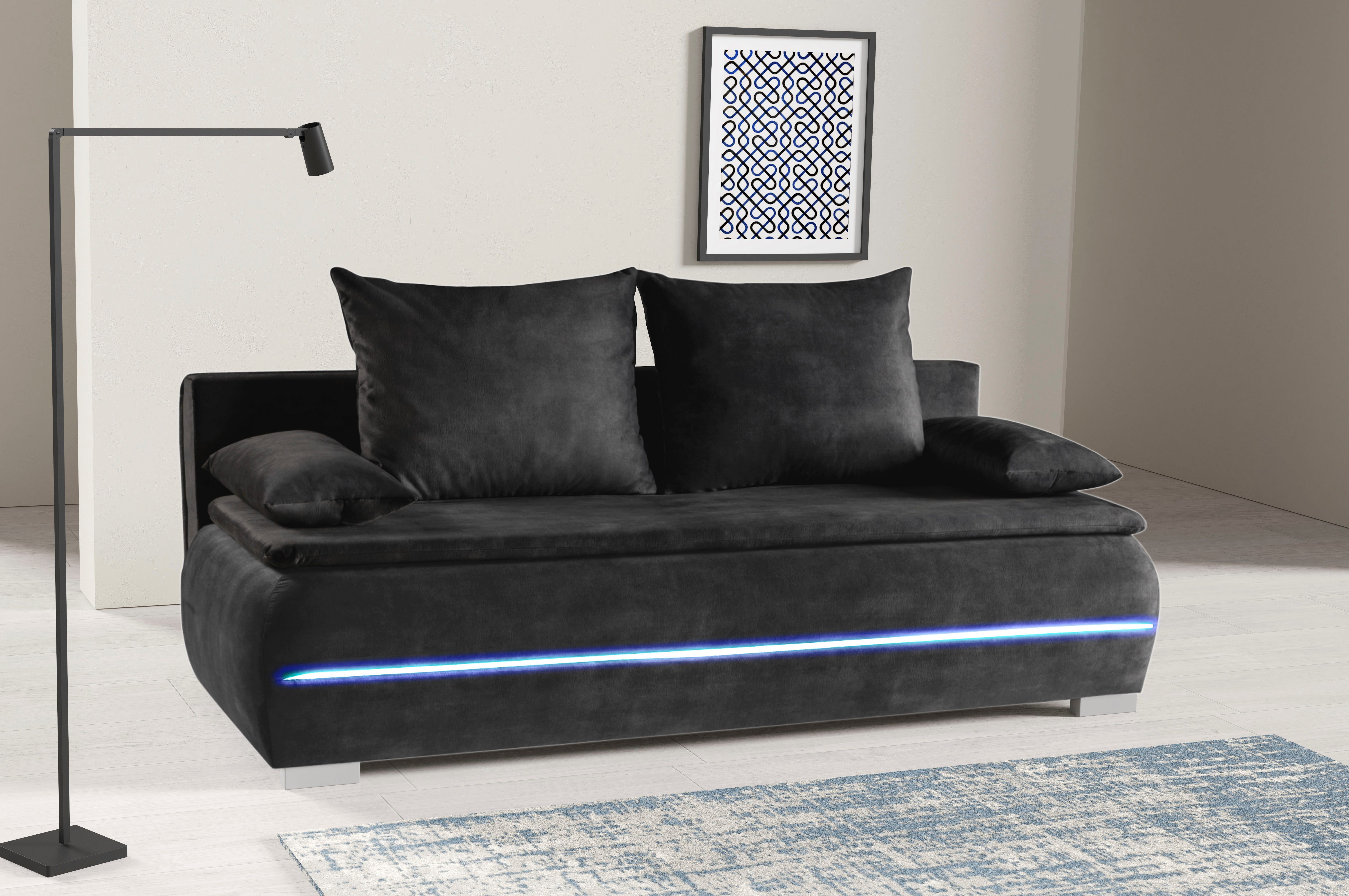 WERK2 Schlafsofa Tekla 206 cm LED modern und bequem, Veloursstoff, Schlaffunktion, Bettkasten, LED-Beleuchtung