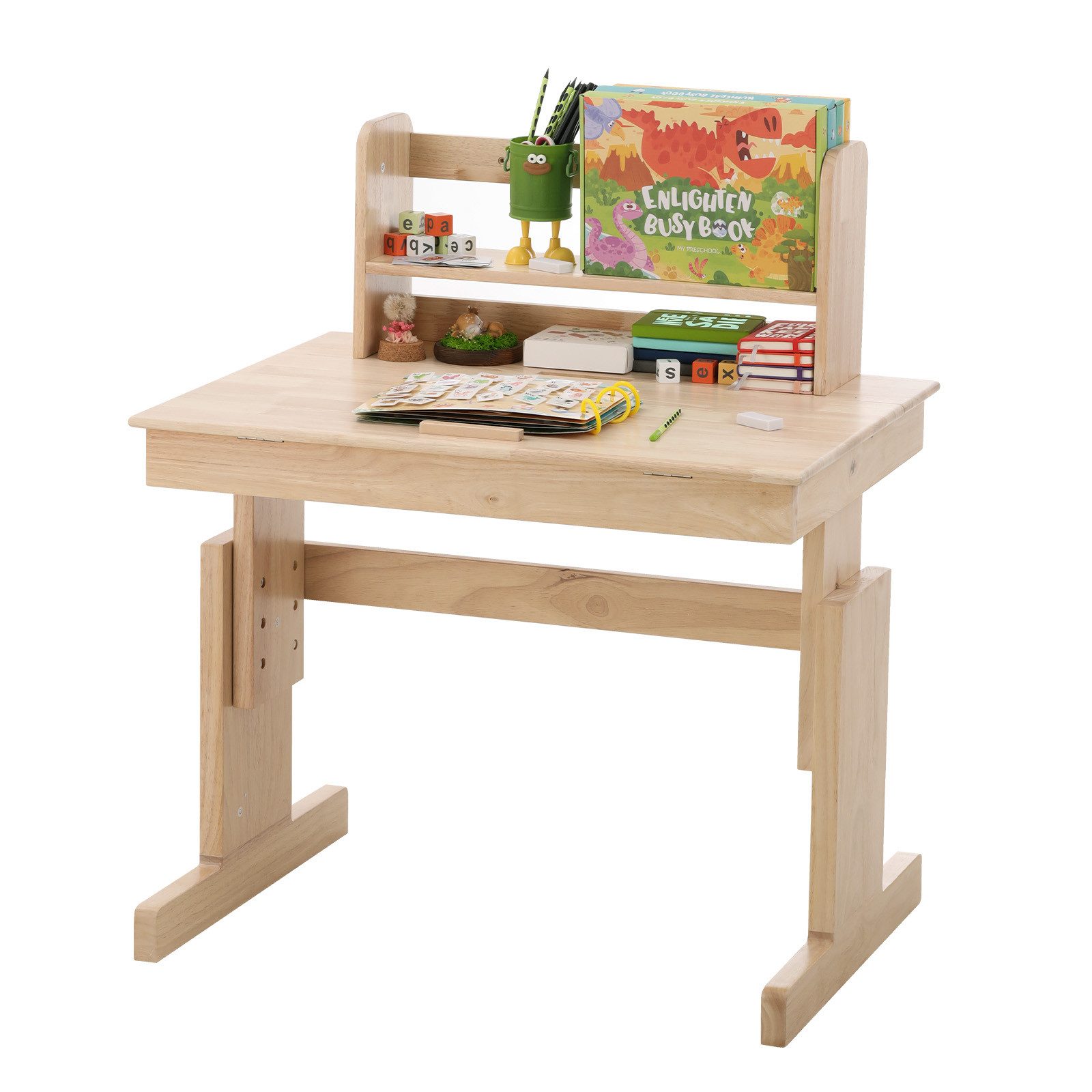 Flieks Kinderschreibtisch Höhenverstellbar, neigbare&verstellbare Tischplatte und Bücherregal (B80/T80/H94-104 cm, 1-St., 1 Tisch), Multifunktionsschreibtisch aus Massivholz natur, ab 6 Jahren