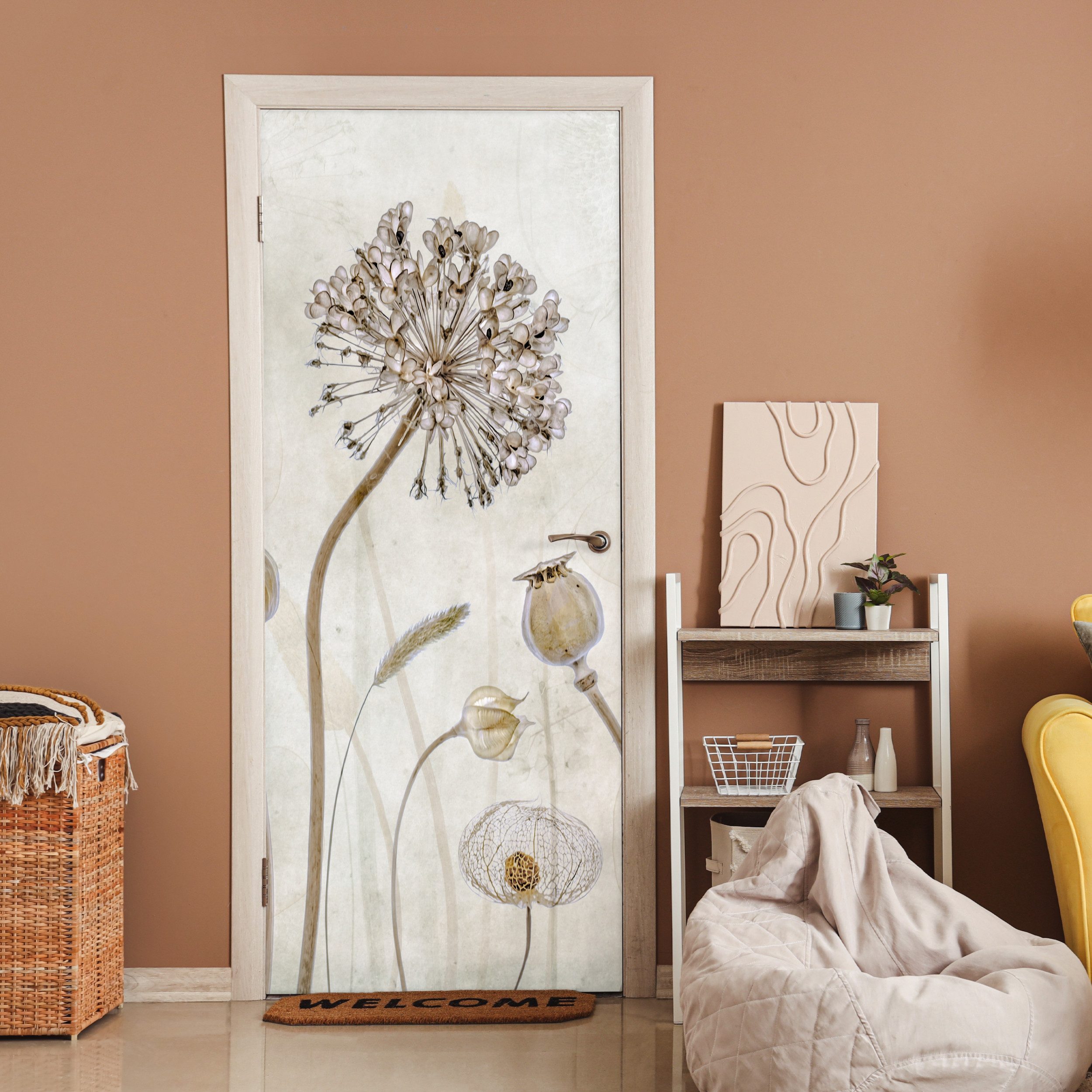 MuchoWow Türtapete Blumen - Aquarell - Stilleben - Braun - Vintage, Matt, b günstig online kaufen