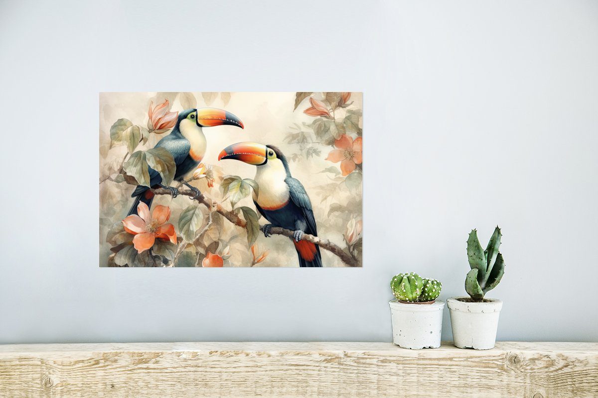 Vögel Wandbild, St), Rahmen Wohnzimmer, Tukan - Poster Blumen für - MuchoWow (1 Ohne Wandposter Poster, - Zweig,