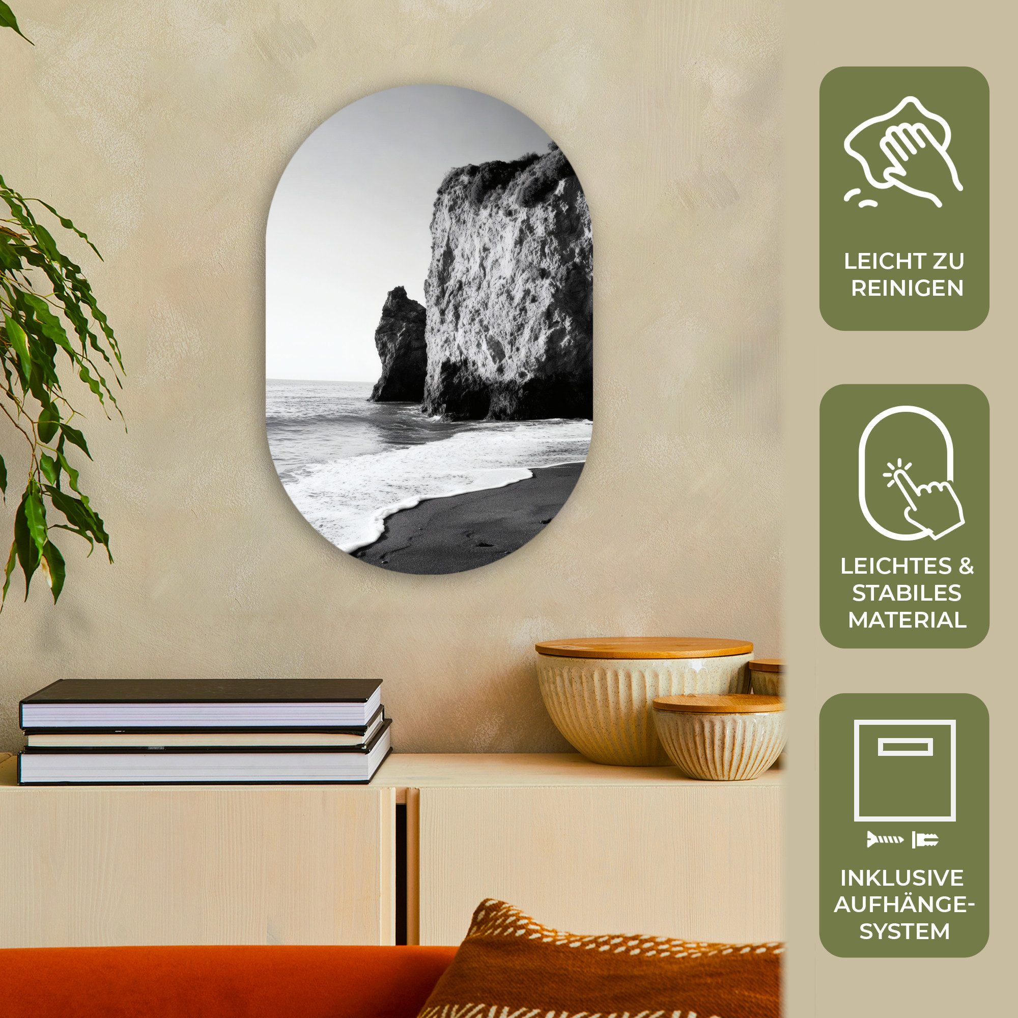MuchoWow Gemälde Strand - Klippe - Wellen - Fußstapfen, Fotodruck (1 St), Wandbild Oval, Wohnzimmer oder Schlafzimmer Wanddekoration, 40x60 cm