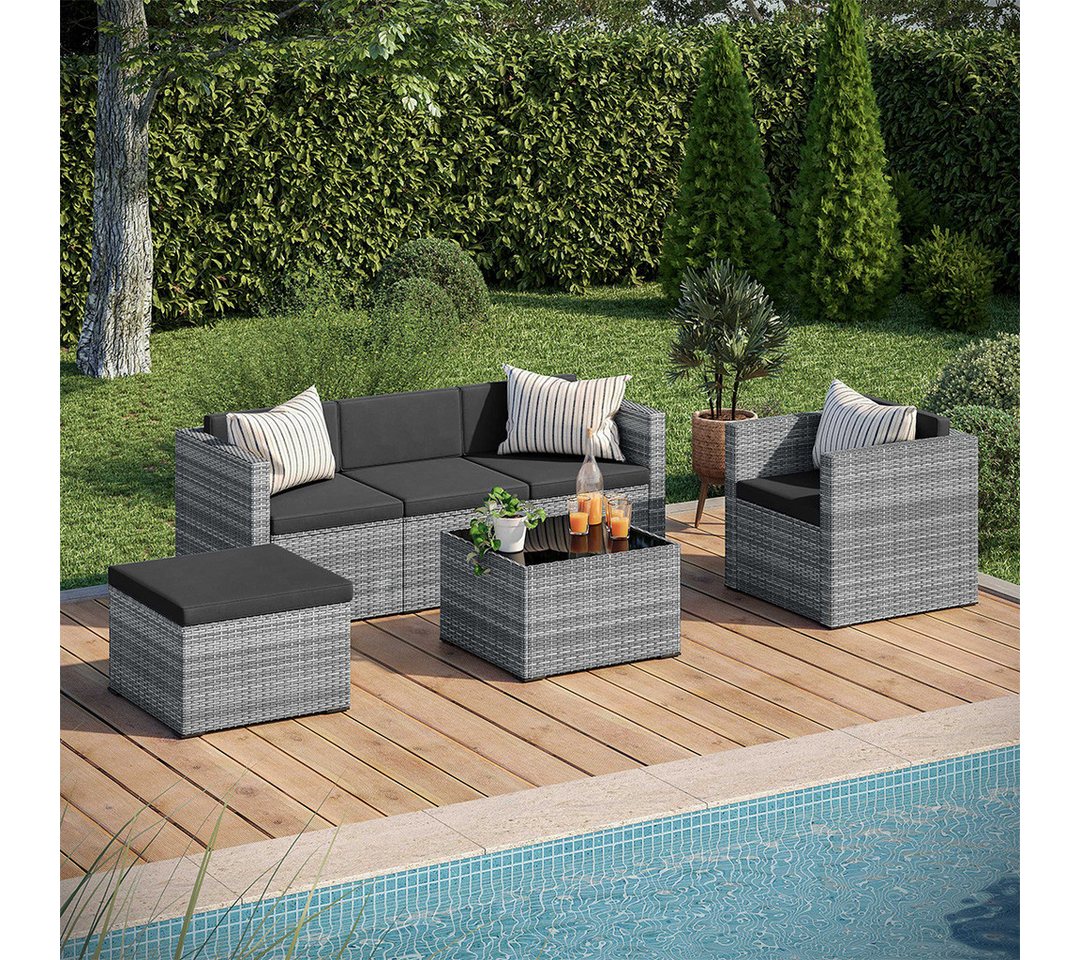 STEELSØN Sitzgruppe Zethora Gartenlounge-Set aus Polyrattan, für 4–5 Personen, wetterfest, (grau/anthrazit, für 5 Personen), Outdoor Sitzgarnitur mit 3er Sofa, Sessel, Hocker & Tisch