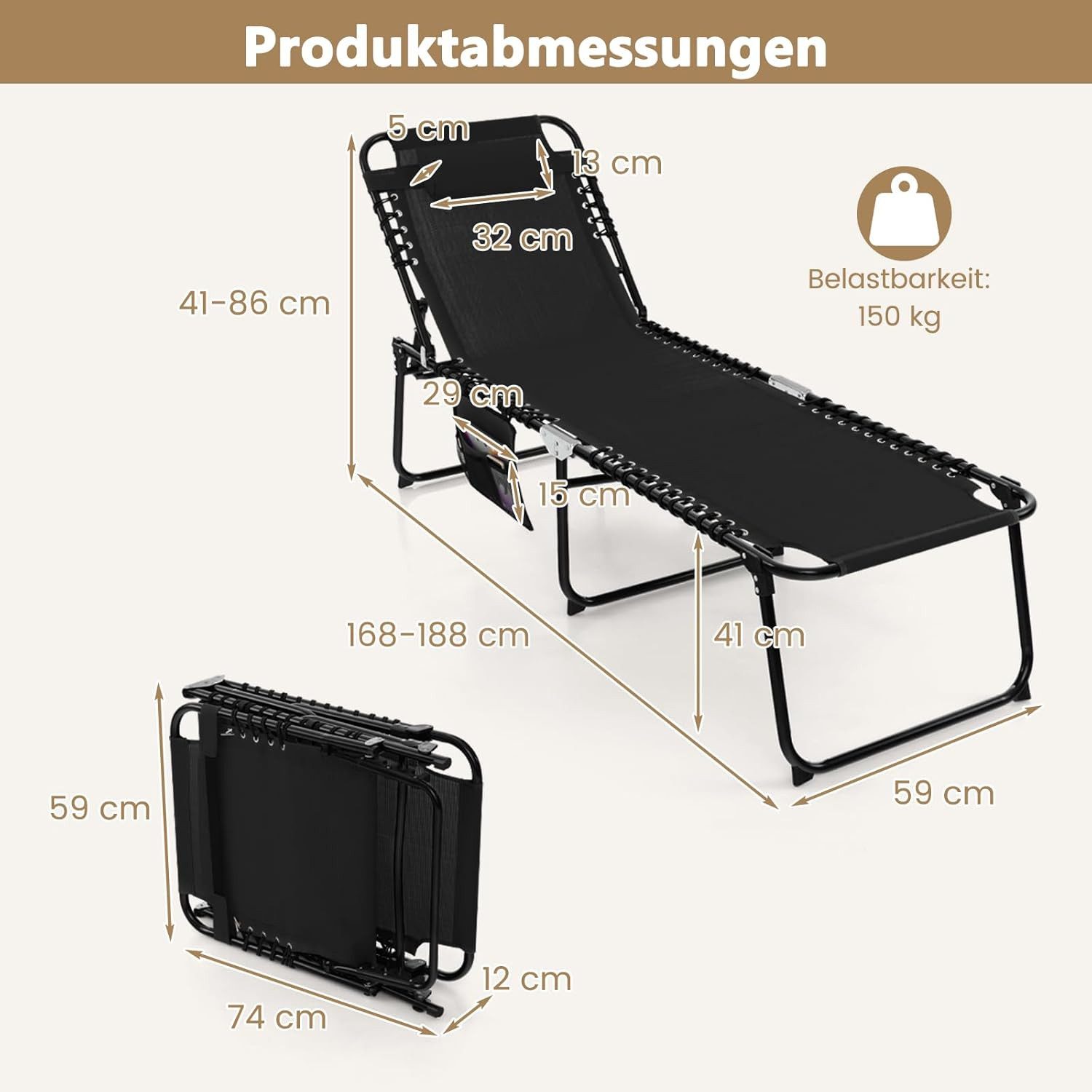 KOMFOTTEU Campingliege Klappbare Sonnenliege Wasserdicht Liegestuhl – Bild 2 von 5