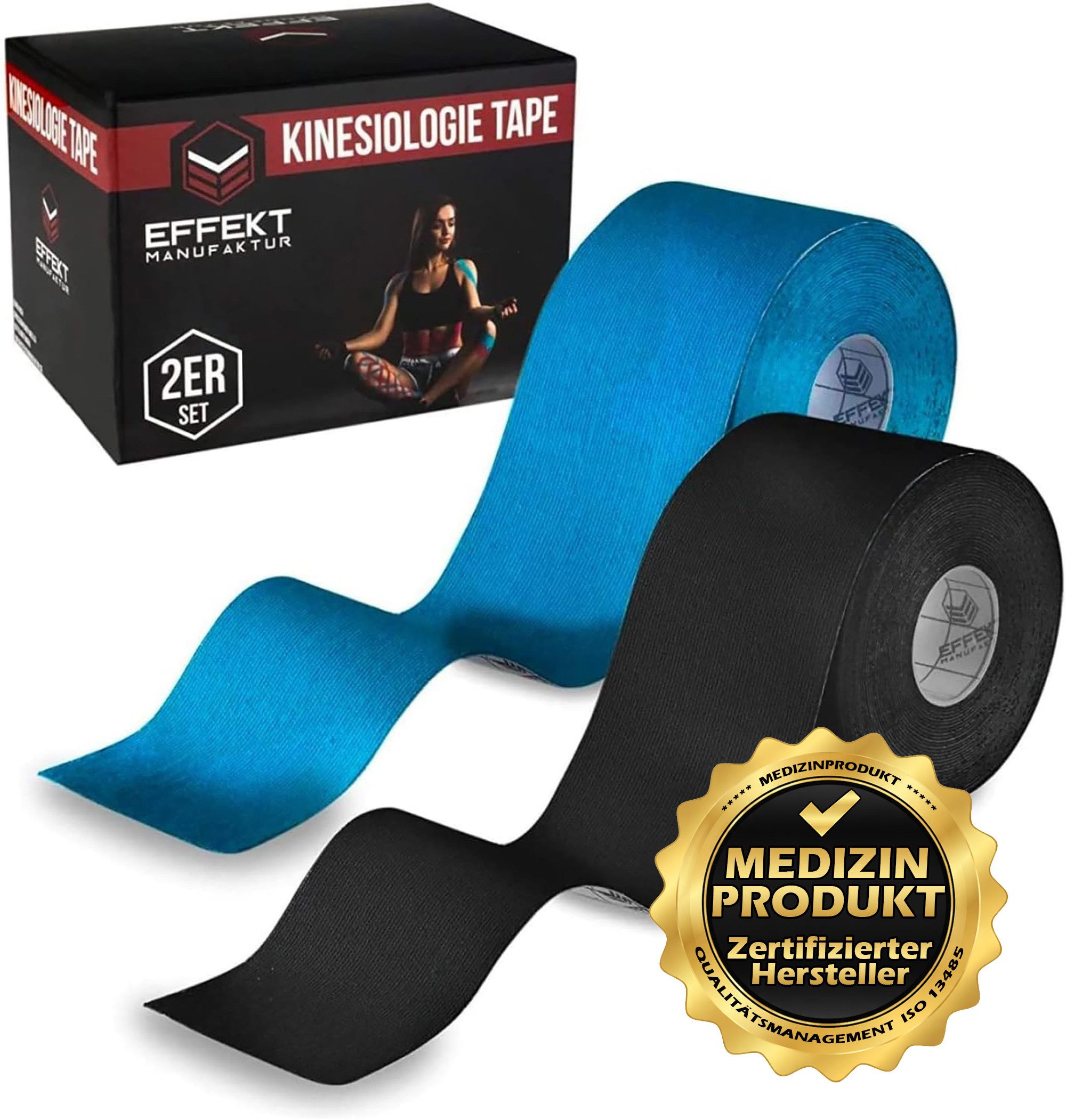 Effekt Manufaktur Kinesiologie-Tape - 2 Rollen – 500 x 5 cm – Kinesiotape in blau und schwarz (2-St) 50-60 % Dehnbarkeit