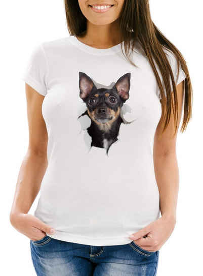 MoonWorks Print-Shirt Damen T-Shirt Hund Hundemotiv Tiermotiv farbig lustig originell Slim Fit Moonworks® mit Print