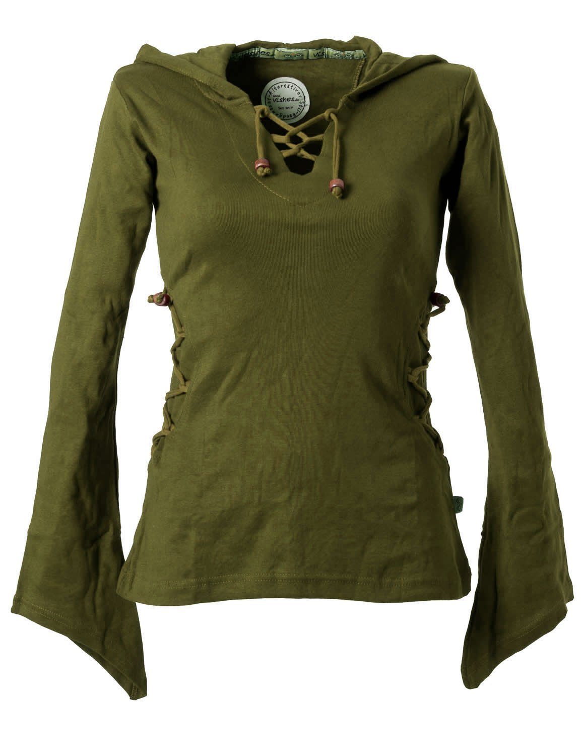 Gothik und Elfenshirt Style olive Kapuzenshirt Bändern zum Vishes Zipfelkapuze Ethno, Schnüren Hoody,