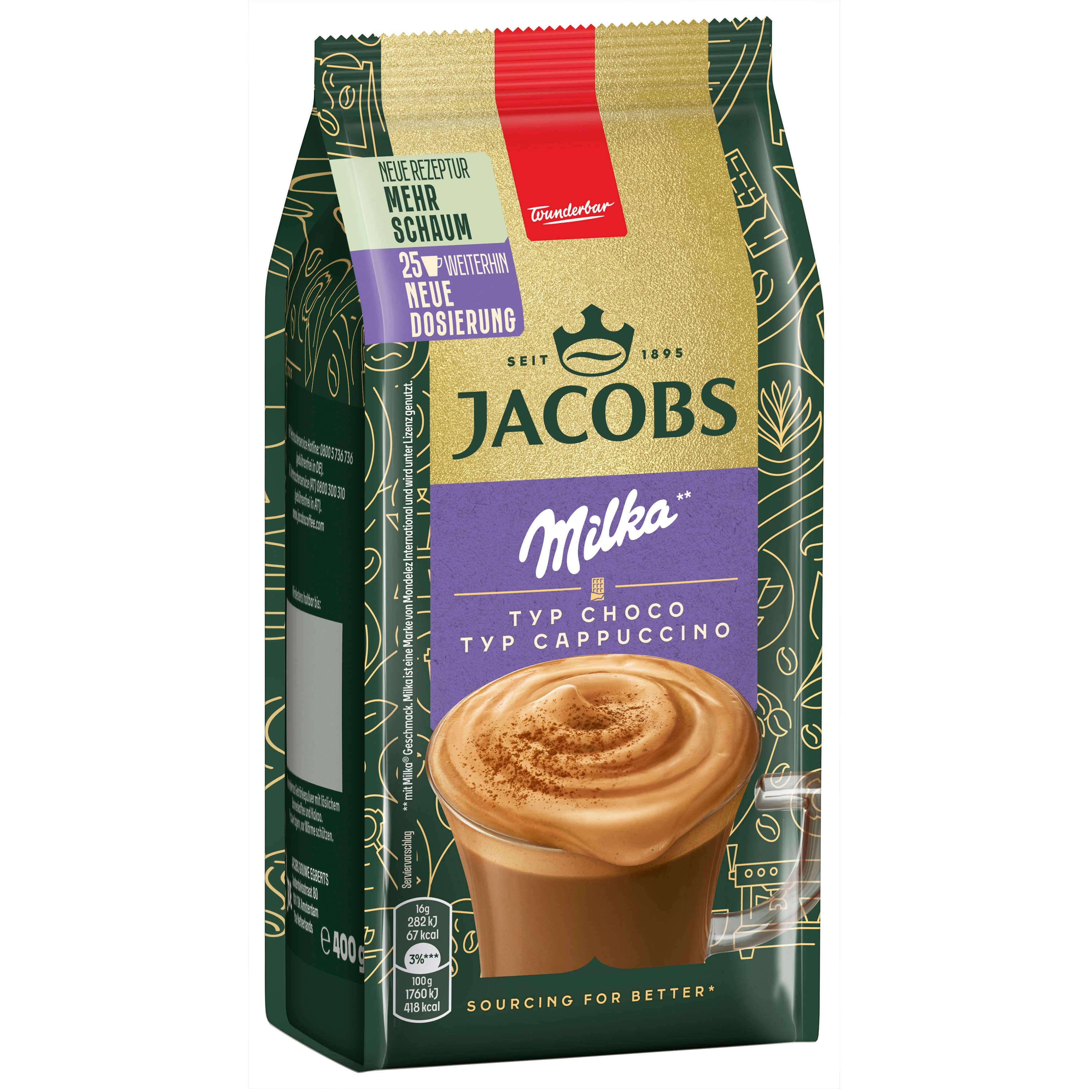 JACOBS Kaffee Löskaffee TYP CHOCO CAPPUCCINO 12 x 400 g Beutel mit Milka®* Geschmack, (Packung, 12er Pack)