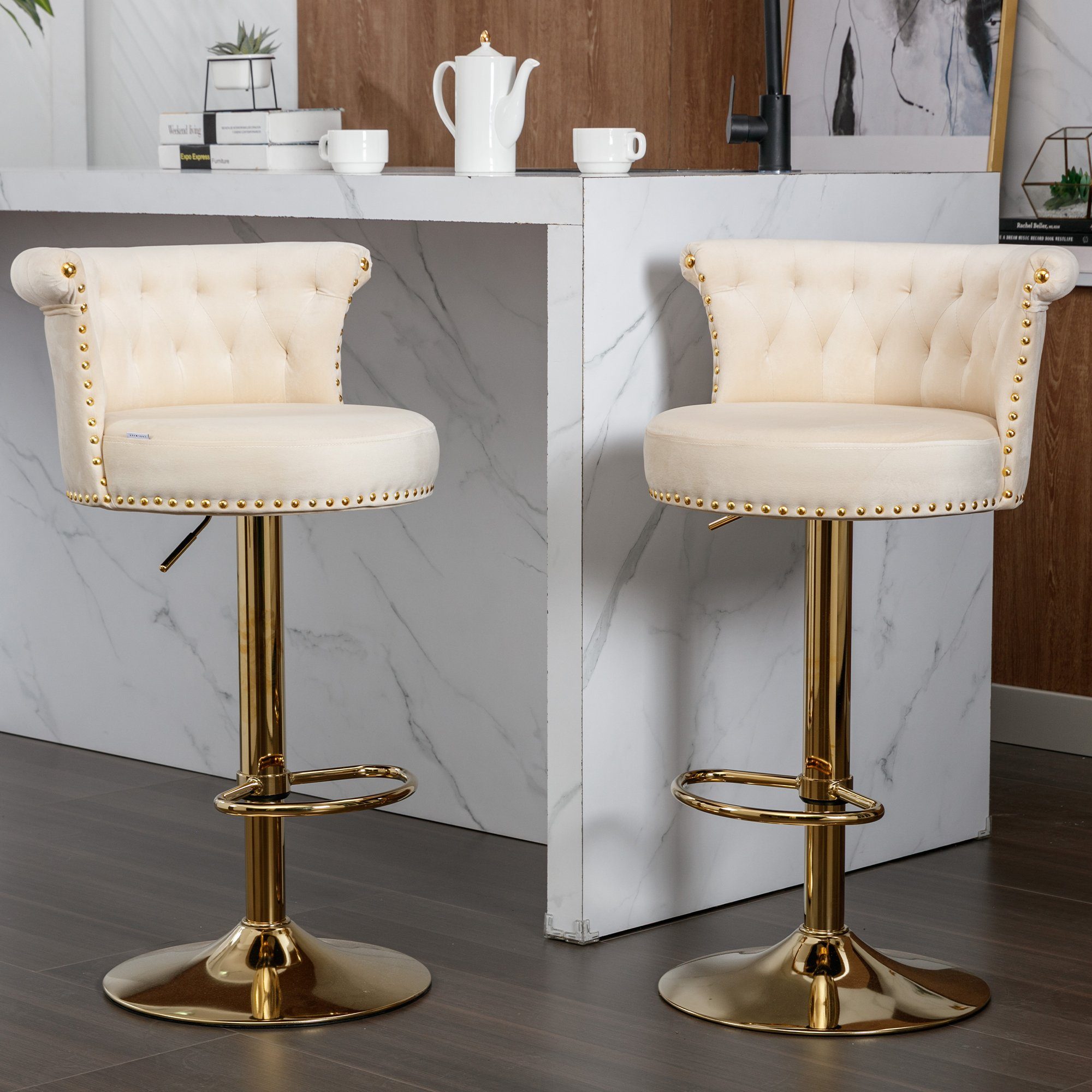 Eleganter Stil OKWISH Barhocker Barhocker setzen, Höhenverstellbar für Tresenhocker Esszimmer) (mit beige Küche, Fußstütze Barstühle 2PC