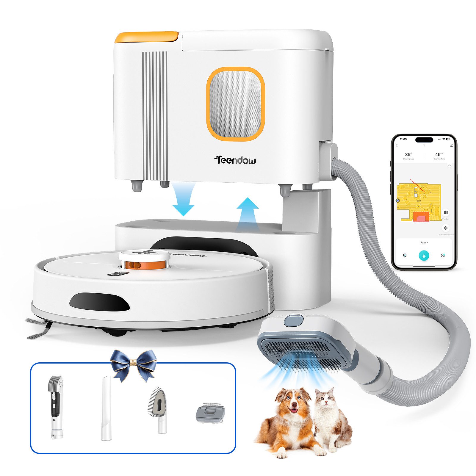 Teendow Saugroboter 8000Pa Staubsauger Roboter, saugroboter für tierhaare, leise, 850 W, mit Beutel, Mit Haarschneidemaschine für die Haustierpflege,70 Tage,240min,3L