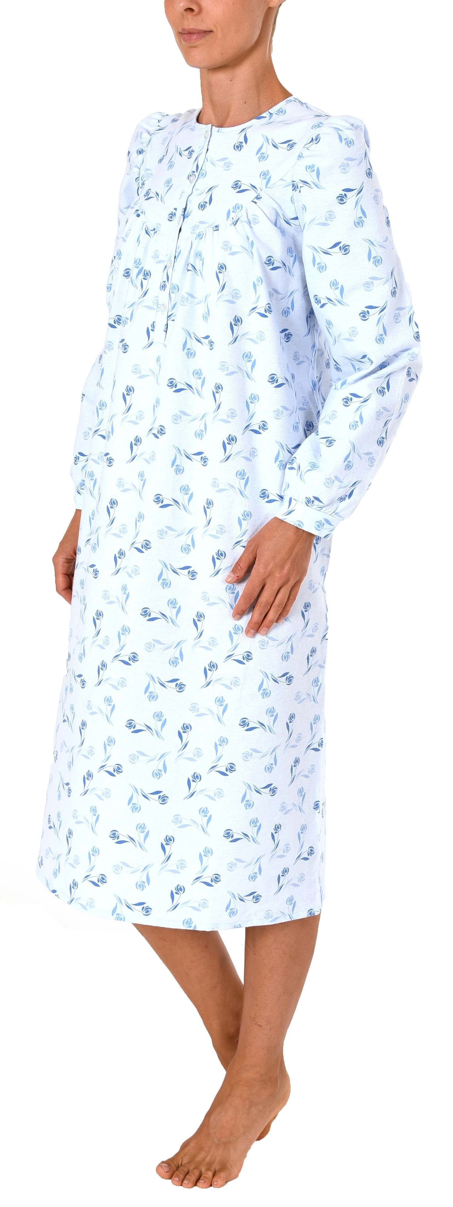 Normann Nachthemd Damen Finette Nachthemd mit blau Hals fraulich am Knopfleiste