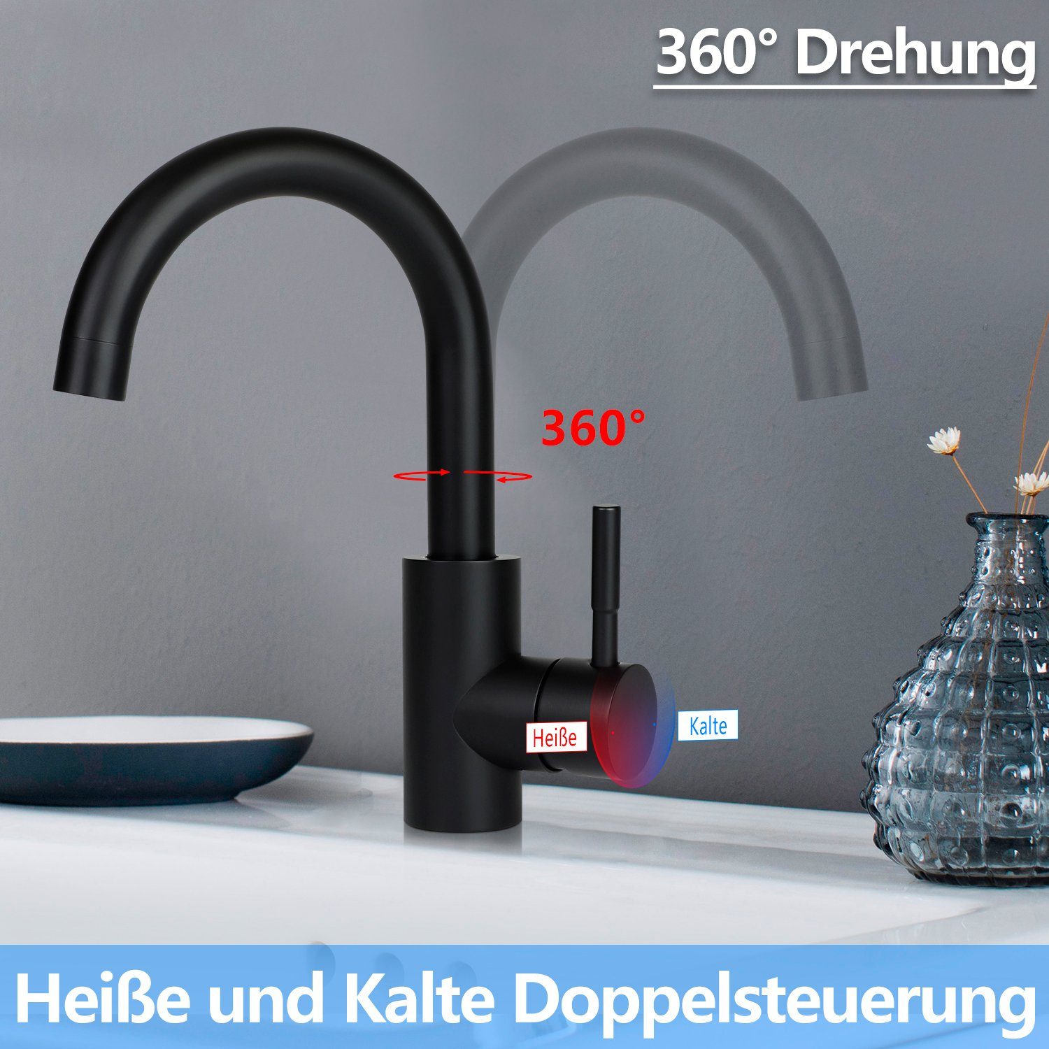 ZMH Waschtischarmatur SUS 304 Einhebelmischer mattschwarz wassersparend Schnellmontageset Waschtischarmatur