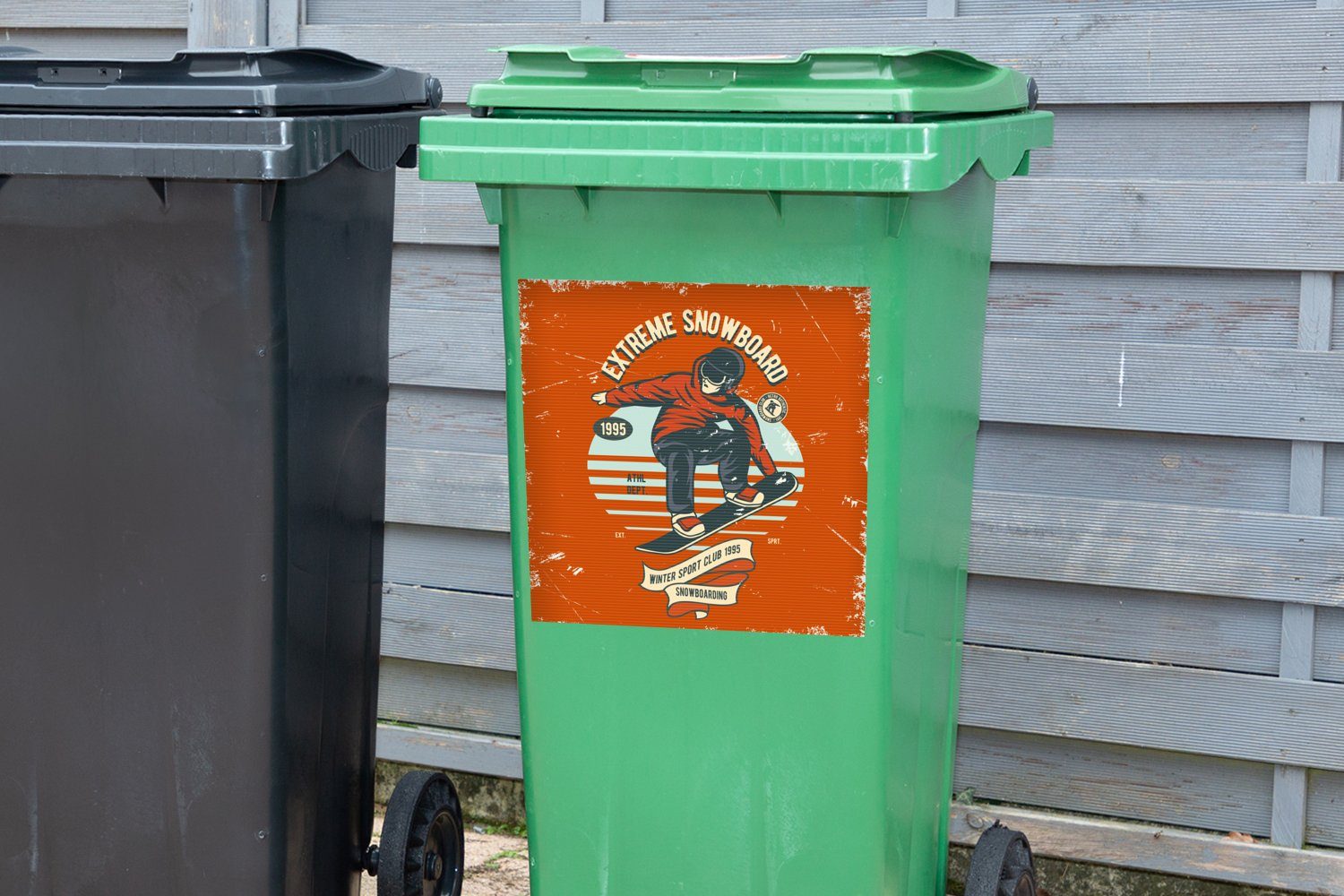 Mülleimer-aufkleber, Sticker, - Container, St), Winter Kleidung Wandsticker Mülltonne, Retro - Abfalbehälter MuchoWow (1 - Snowboard