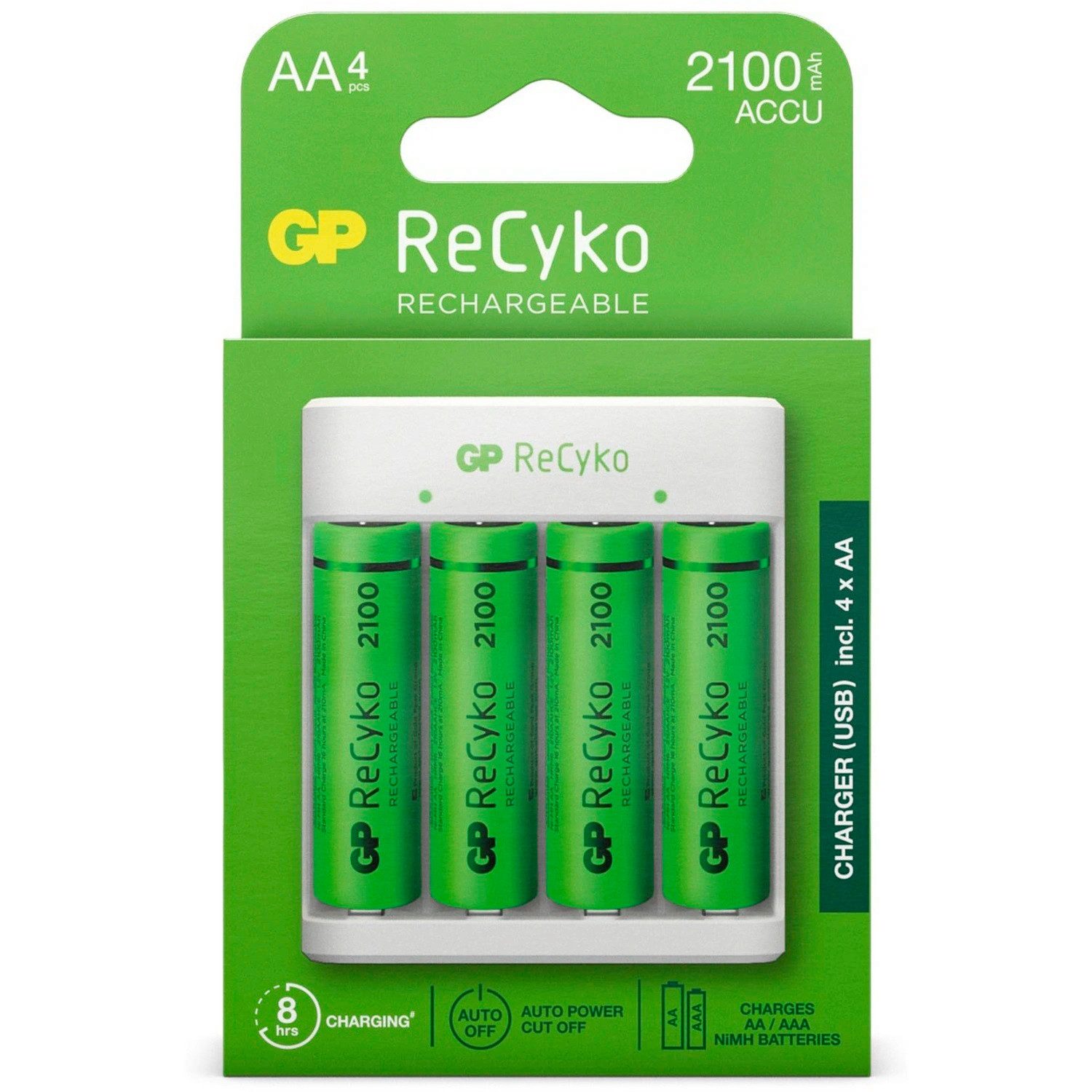 GP Batteries USB Akku-Ladegerät AA / AAA + 4x AA-Akku ReCyko Akku-Set Mignon 2100 mAh (1,2 V, 5 St), Kompakt Lader E411 + 4x AA 2100mAh Mignon LR06 LR6 Batterie Accu