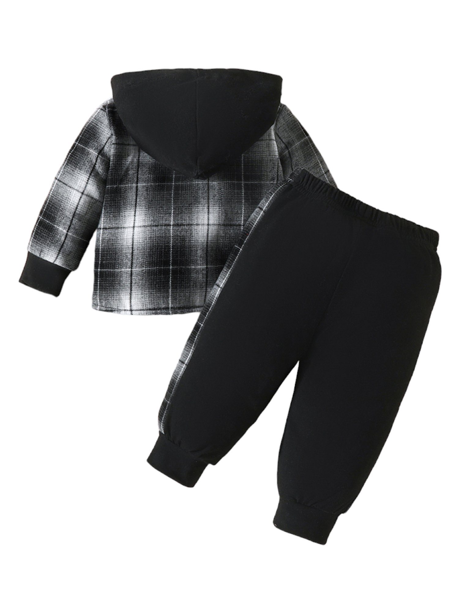 elastische Langarmanzug Lapastyle Langarmshirt Jungen, Hose Top Kapuzen kariertes 2-tlg) Schwarz Taille Kontrastfarbener Anzug, für Klassisches und & (Set, Hose