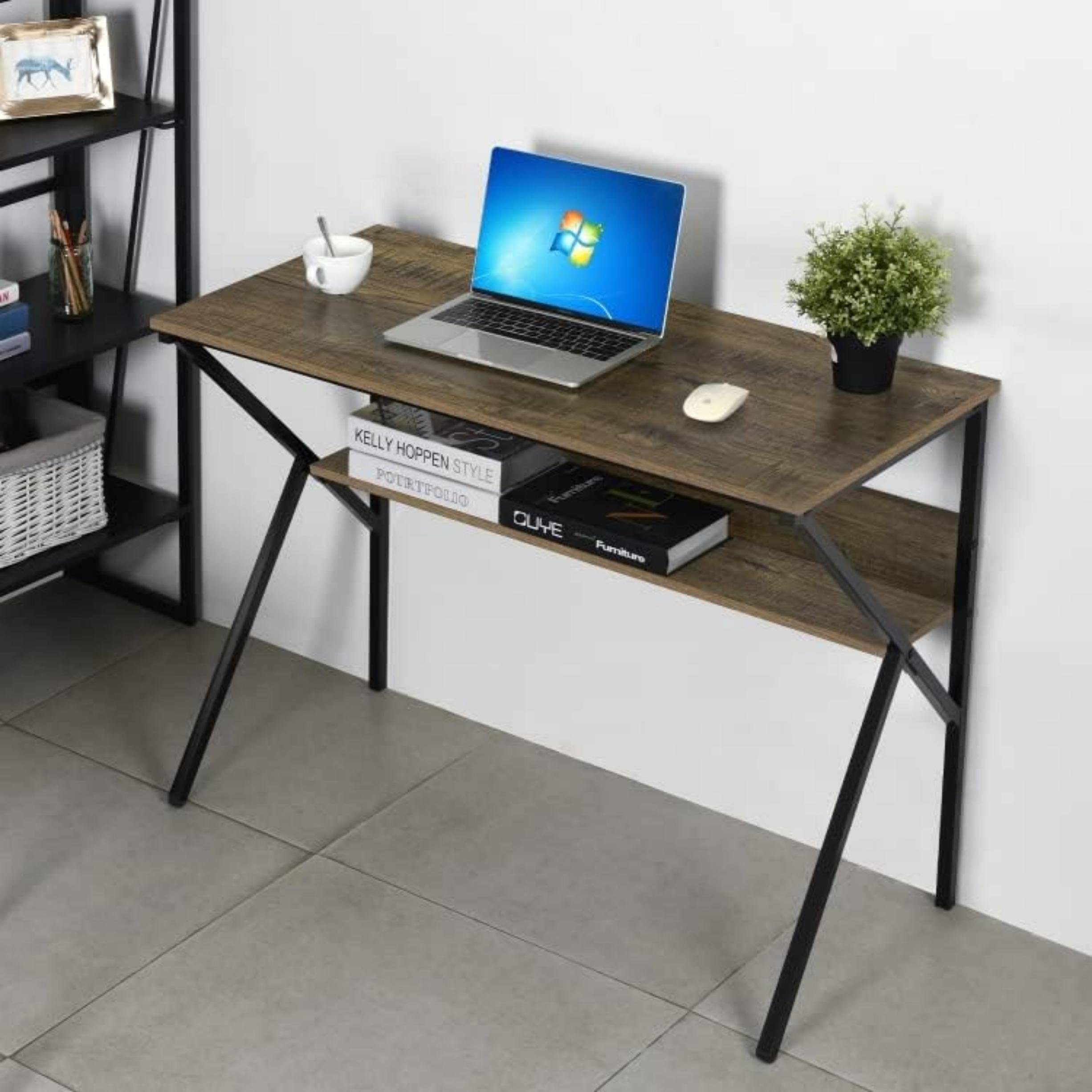 Holz Coonoor Stahl, aus (1-St), Ablage,moderner Stil einfacher Schreibtisch mit und