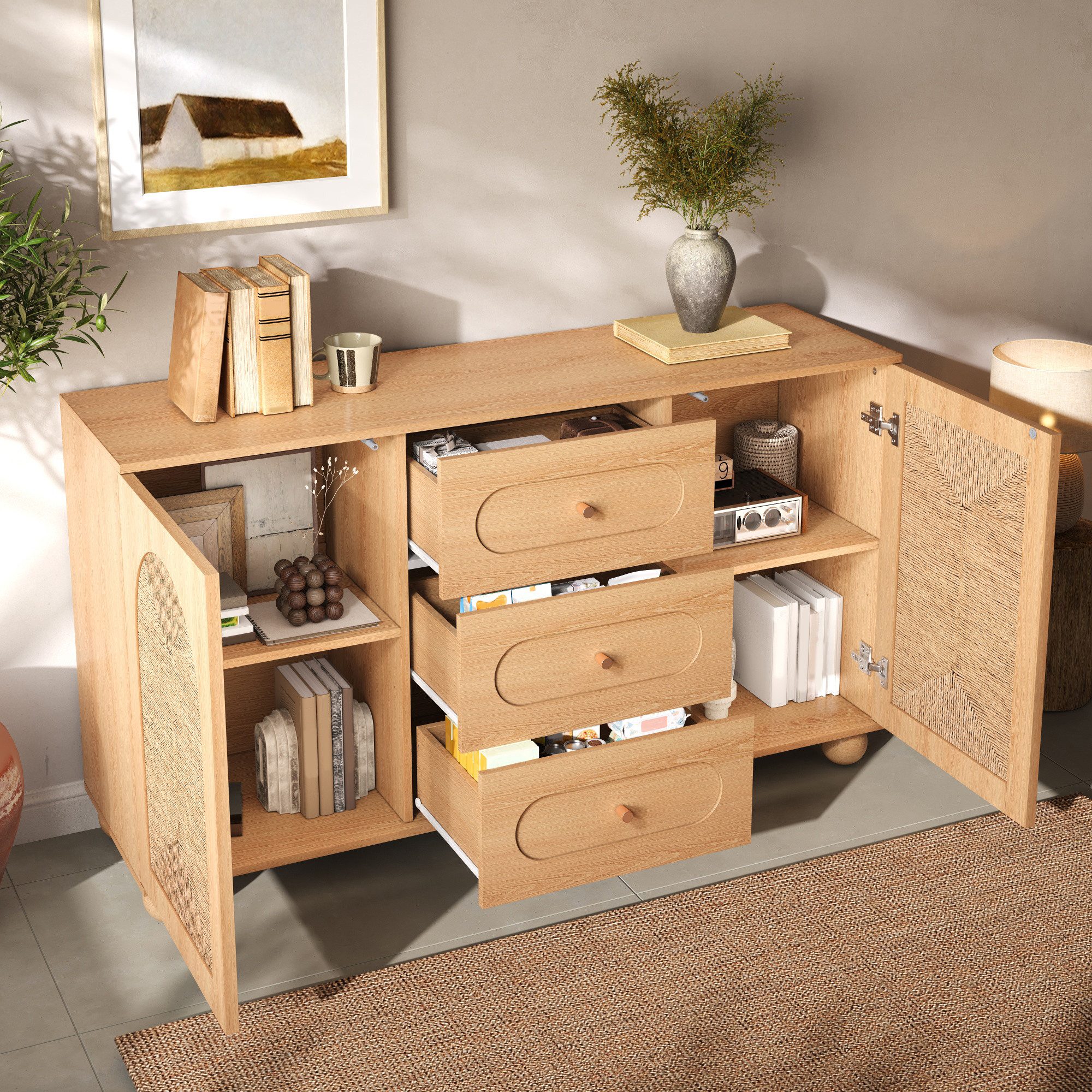HAUSS SPOLE Sideboard mit 3 Schubladen,Kommode Stauschrank mit Seilgeflecht-Türen,Natur (Beistellschrank Flurschrank mit zwei Türen und drei Schubladen für Aufbewahrung), Buffetschrank mit Holzgriffe und Kugelfüße