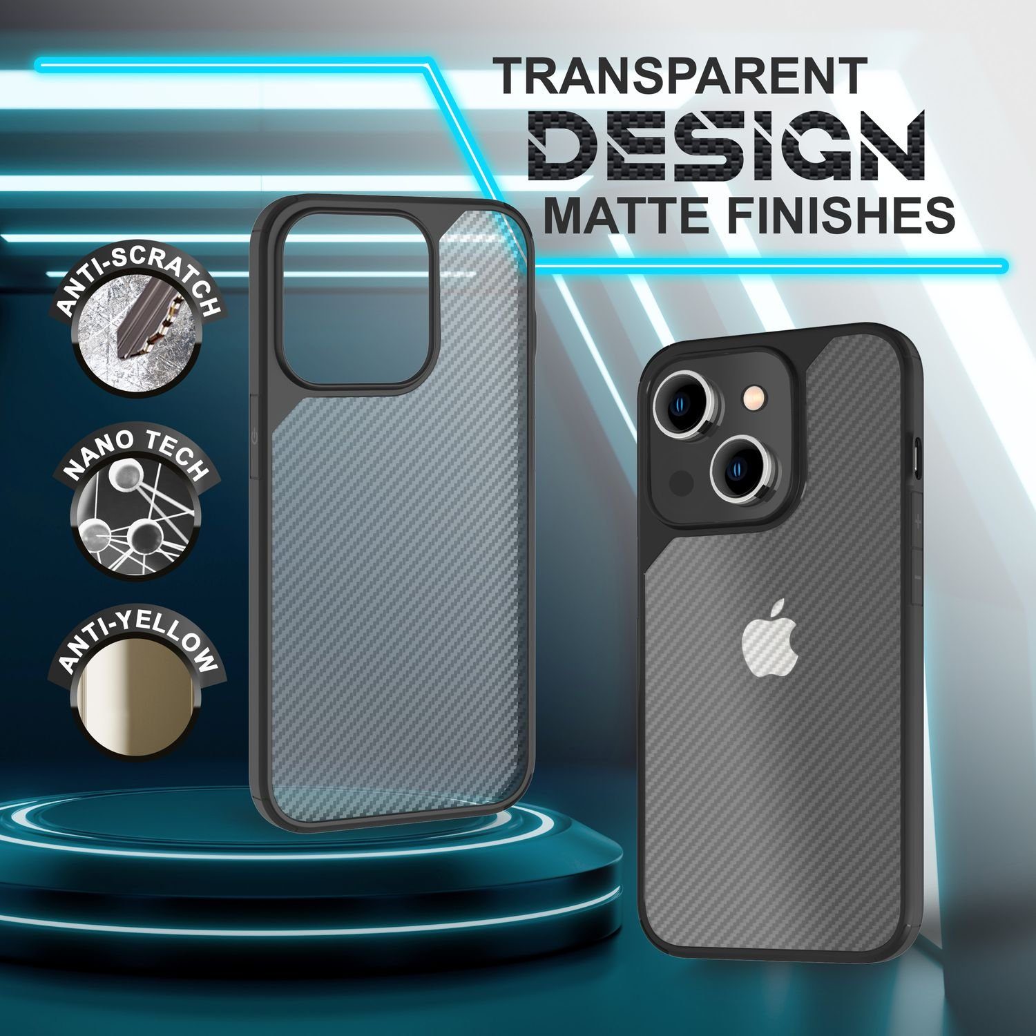 Nalia Smartphone-Hülle Apple iPhone 14 15,5 cm (6,1 Zoll), Matte Harte Carbon-Look Hülle / Transparent / Verstärkter Silikon-Rand