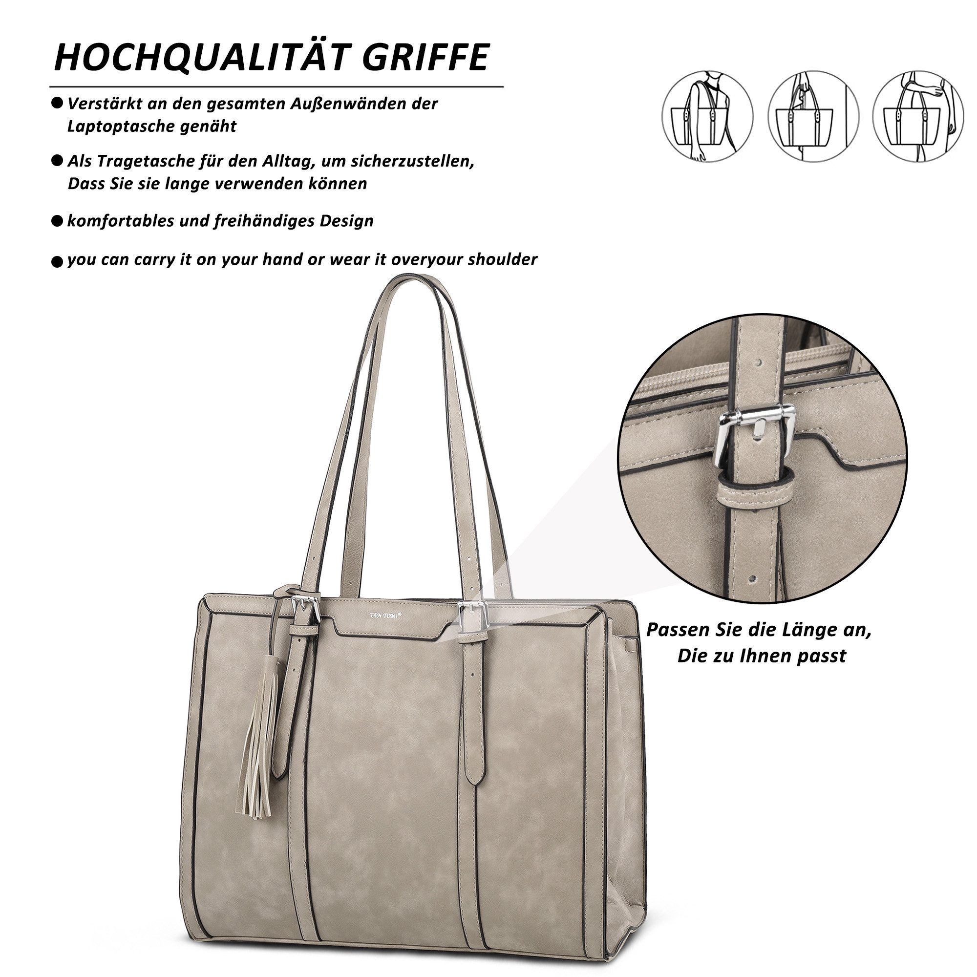 TAN.TOMI Handtasche Große Business Handtasche Damen Leder Schultertasche Arbeit Schule, Bürotasche Damen 15.6 Zoll Notebookt mit 3 Fächern für Büro Schule