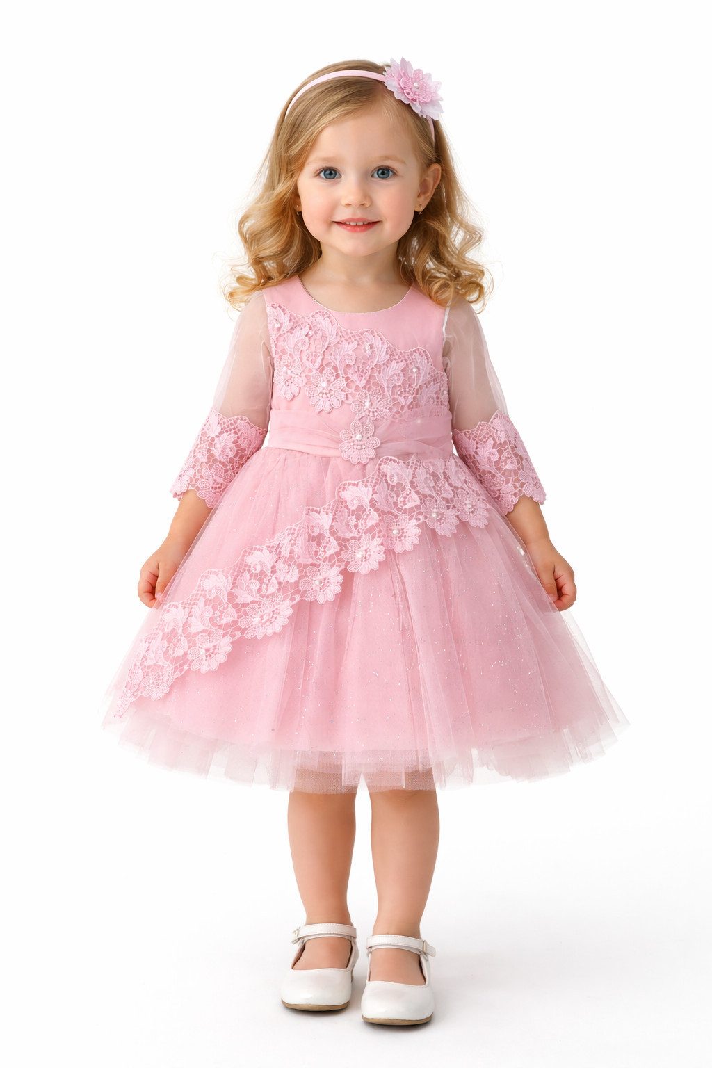 Lorey Medtec Partykleid Prinzessin Kleid, Festkleid, Taufkleid, Spitze, 100% Baumwolle, Rosa (Kleid + Haarreif) Spitze, Tüll