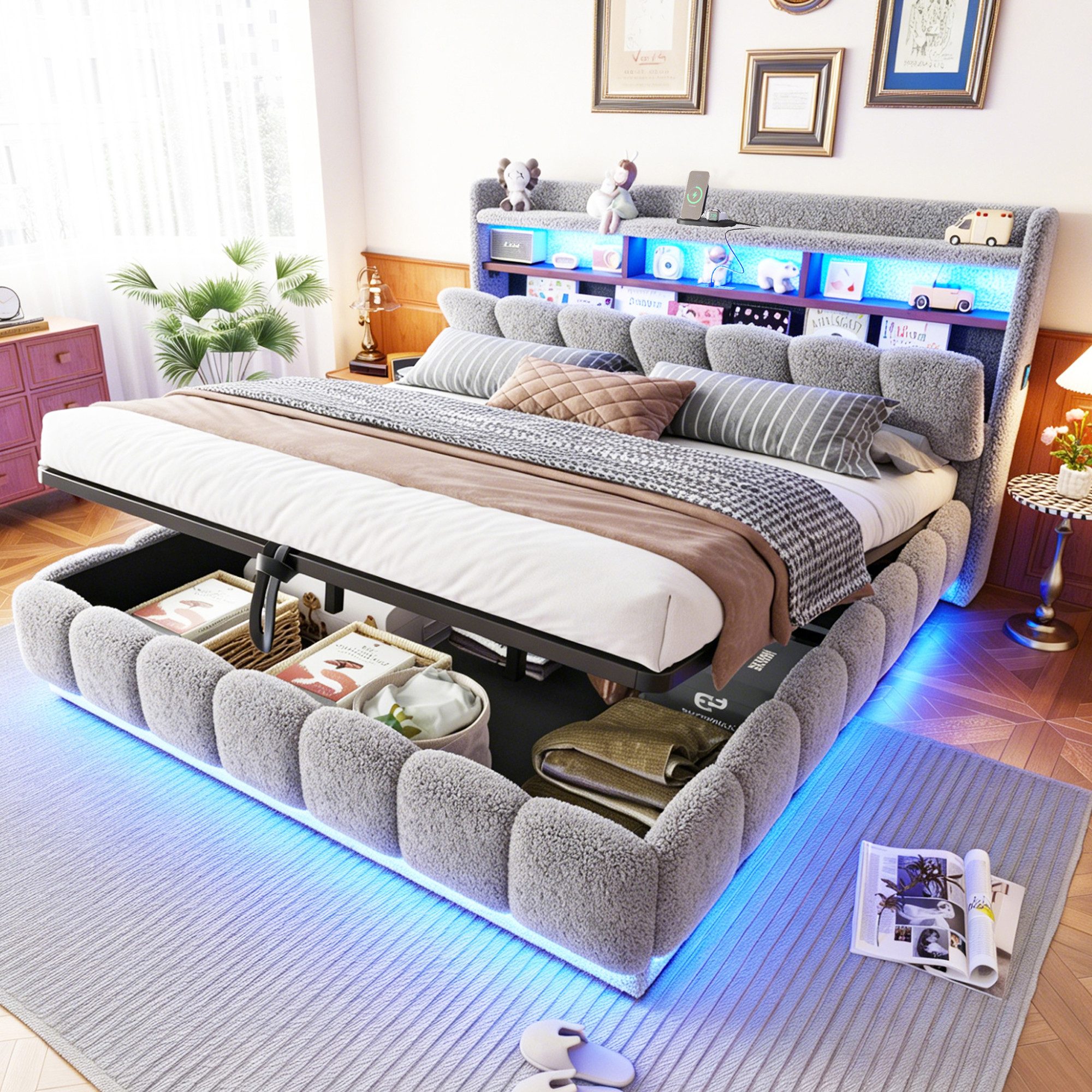 Flieks Polsterbett, Hydraulisches Stauraumbett 180x200cm mit LED-Lichtleiste und Aufladen