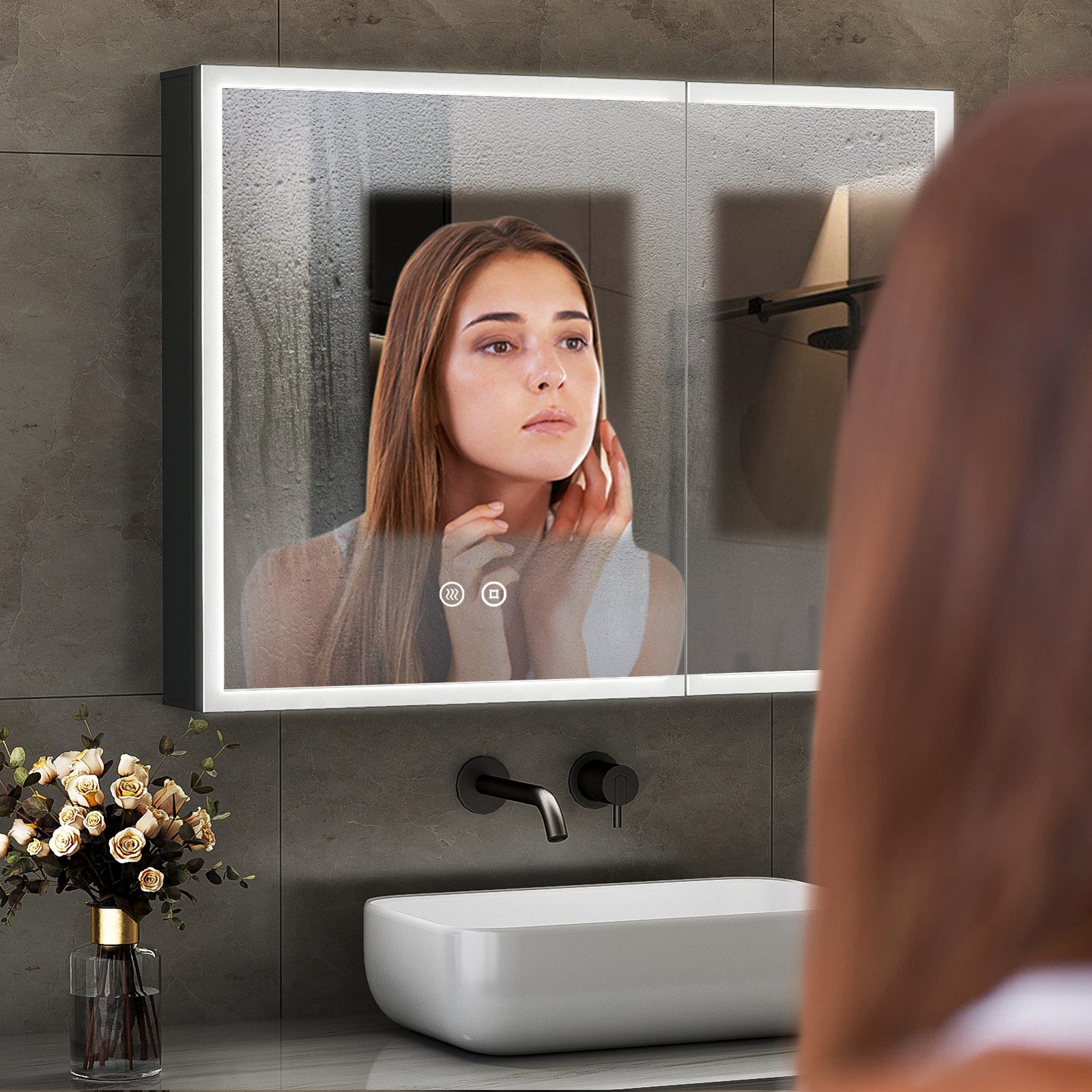 WDWRITTI Badezimmerspiegelschrank LED Spiegelschrank Schwarz Aluminum Badez günstig online kaufen