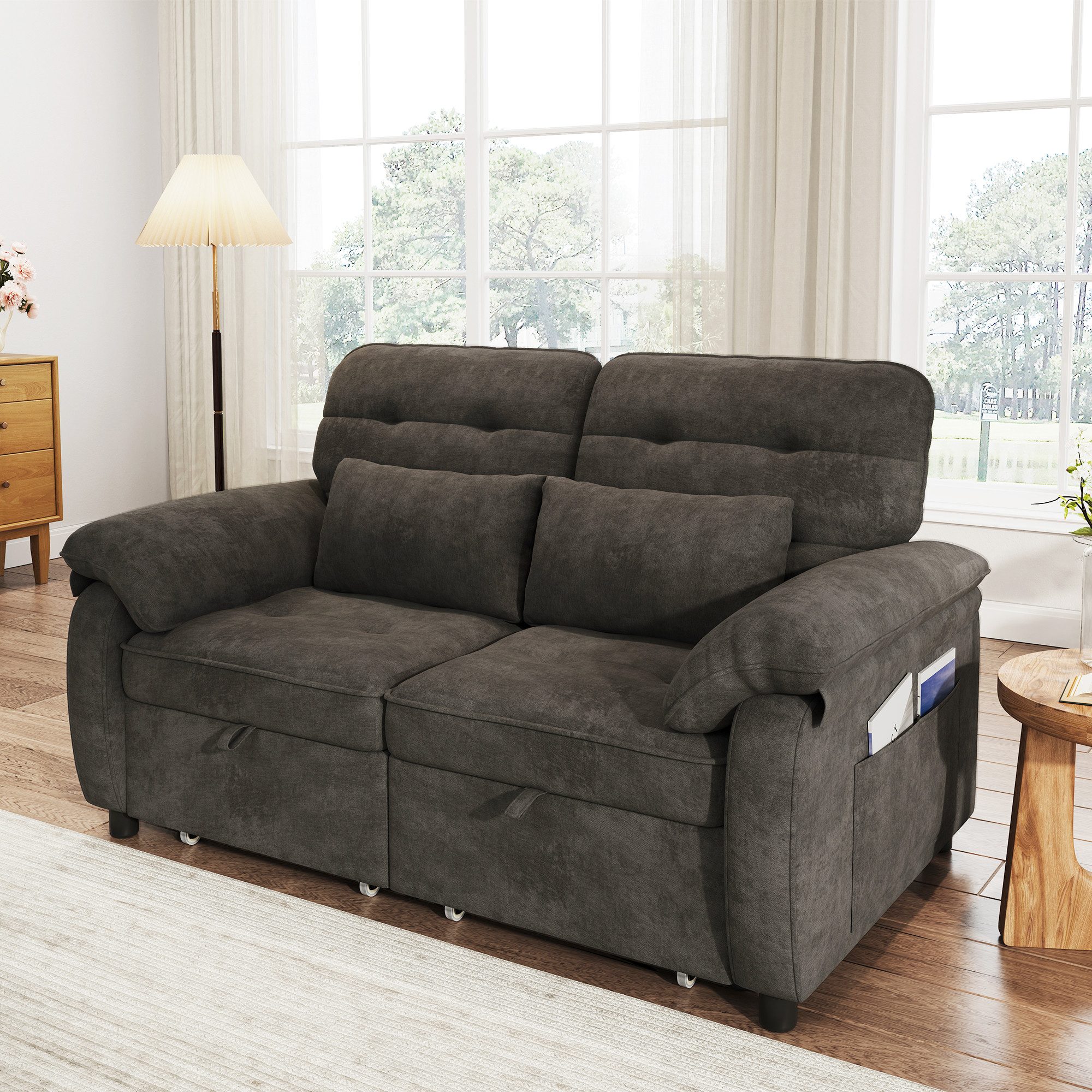Merax Schlafsofa faltbar mit 3-fach verstellbarer Rückenlehne, Chenille, Sofabett Tagesbett Sofa 1 Teile, 3-in-1 Doppelschlafsofa mit Seitentasche, 2 Kissen & USB-Anschluss