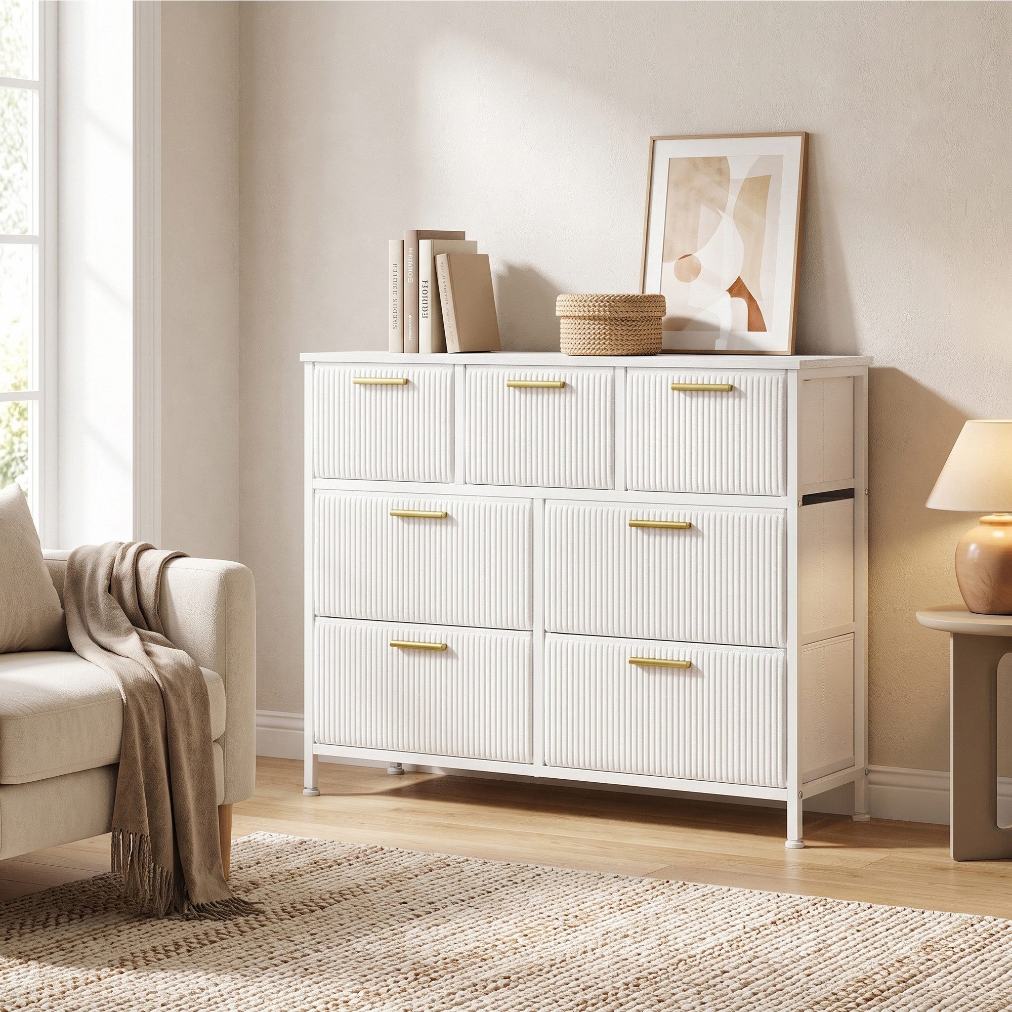 SONGMICS Kommode Wohnzimmerschrank im Cord-Design, Kommode mit 7 Schubladen, 98,7 x 30 x 74,7 cm, Weiß – Bild 3 von 5