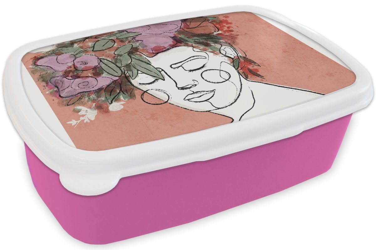 Brotbox rosa - (2-tlg), - Porträt Kinder, Frau Pastell, Erwachsene, Mädchen, Lunchbox Blumen Kunststoff - MuchoWow Kunststoff, für Snackbox, Brotdose
