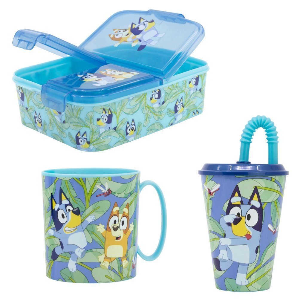 Disney Lunchbox Disney Bluey Bingo Kinder 3 teiliges Set Brotdose mit 3 Kammern Becher, Kunststoff, (3-tlg)