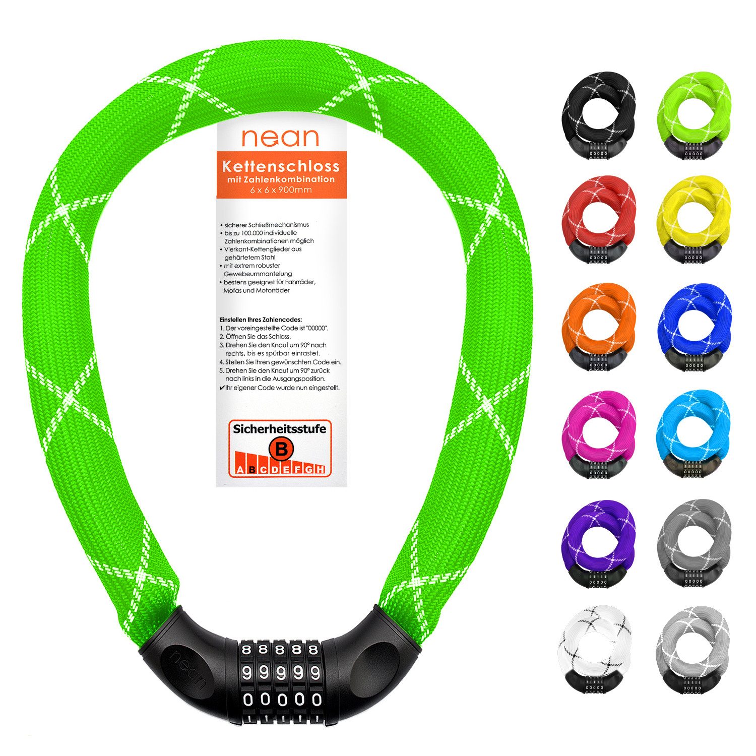 nean Kettenschloss für Fahrrad und E-Bike, Fahrradschloss mit Zahlen (Zahlenschloss), Vierkant-Kette gehärtet, Hülle extrem robust, hohe Sicherheit, 90 cm
