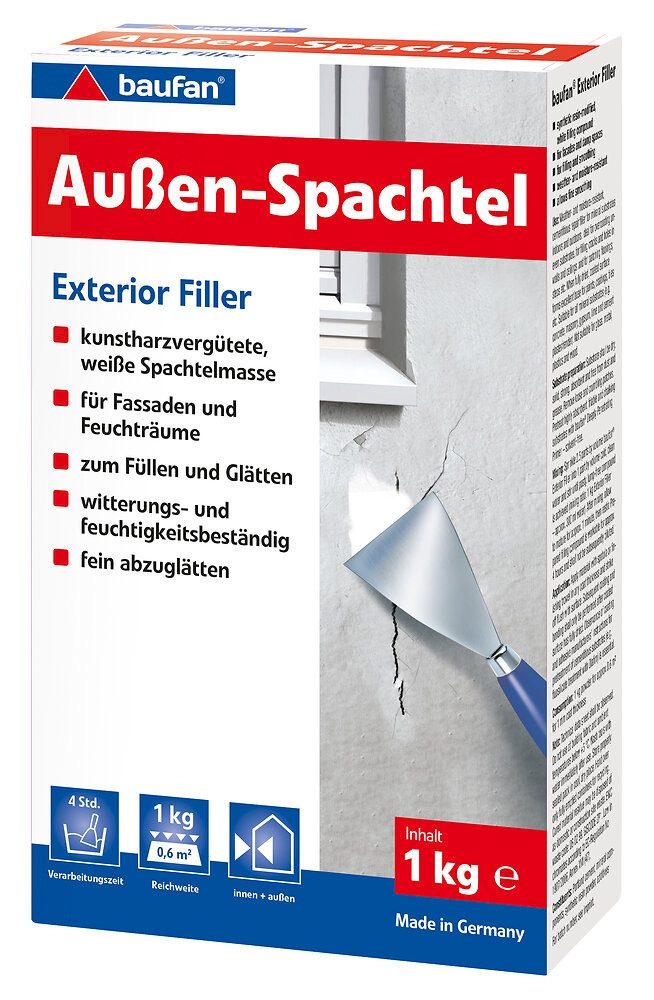 baufan® Spachtelmasse Außen-Spachtel 1kg kunstharzvergütete weiß Aussenspachtel Füllmasse, zur Anwendung an Fassaden und in Feuchträumen