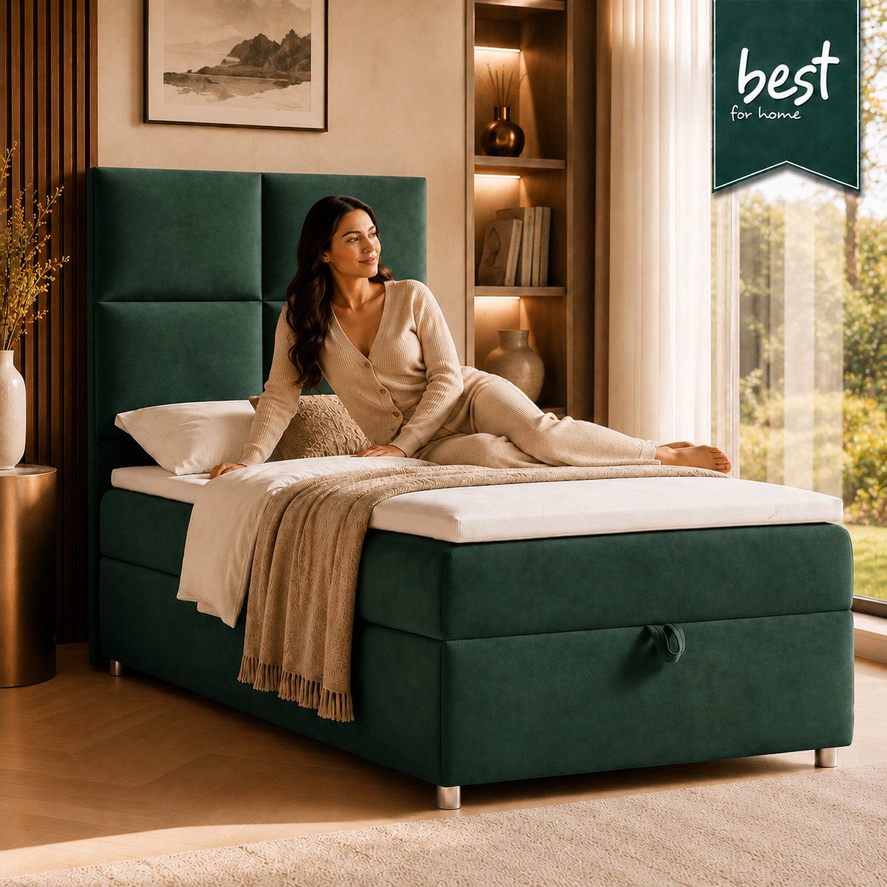 Best for Home Boxspringbett Trinity K-2 mit Bettkasten & Topper – Komfort & Stauraum (Einzelbett, Hotelbett, Polsterbett gepolstertes Kopfteil, Jugendbett, Kinderbett versch. Größen, 1-St., 70x200 80x200 90x200 100x200 cm), Einzel-Boxspringbett mit integriertem Stauraum, gepolstertem Kopfteil