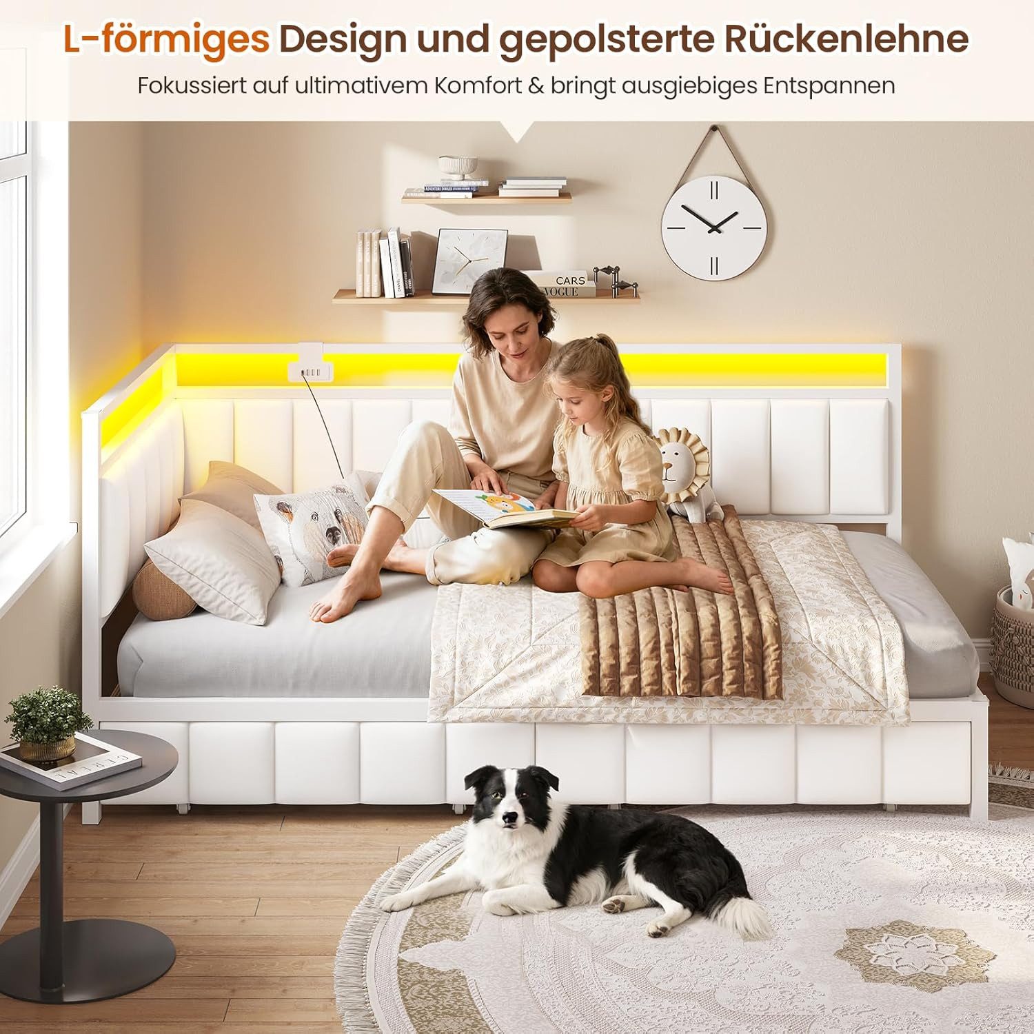 MSMASK Daybett mit LED-Beleuchtung & USB-Ladeanschlüssen, L-förmiges Schlafsofa, Kinderbett Jugendbett mit 2 Schubladen, 90 x 190 cm