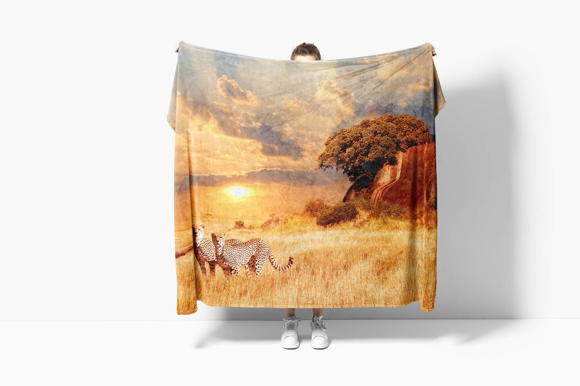 Sinus Art Handtücher Handtuch Strandhandtuch Baumwolle-Polyester-Mix Kuscheldecke Saunatuch (1-St), mit Afrika Tiermotiv Sav, Geparde Handtuch