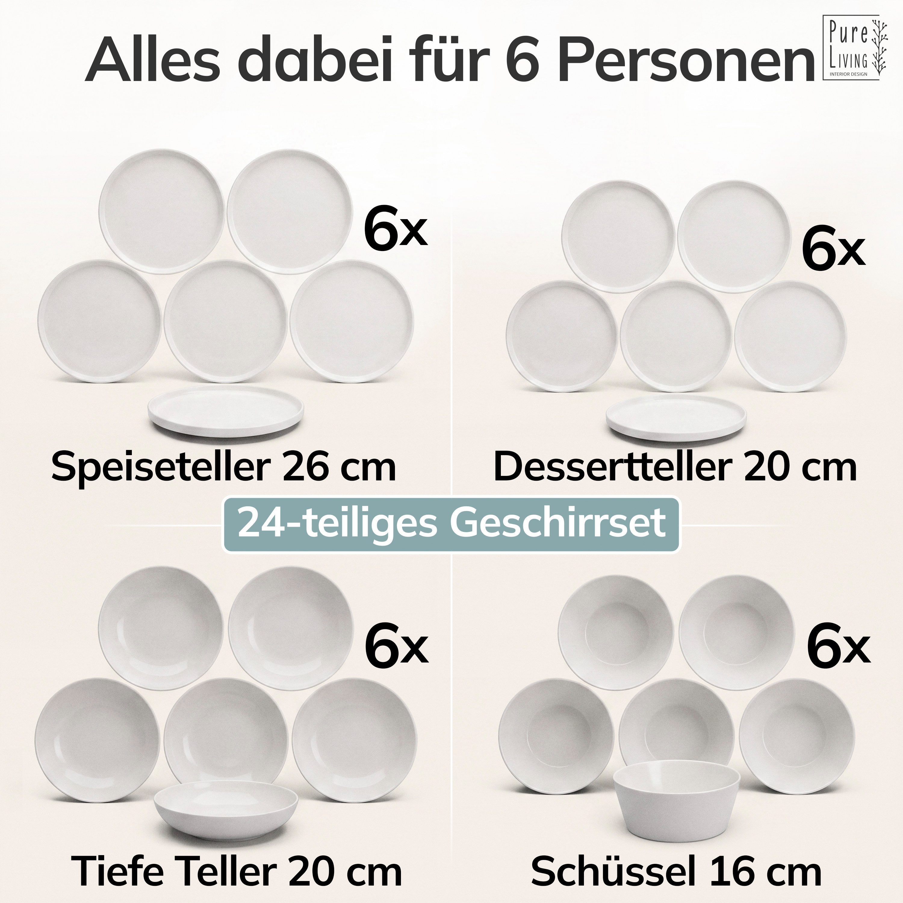 PURE LIVING INTERIOR DESIGN Geschirr-Set Crystal aus Porzellan, 24-tlg., für 6 Personen, Weiß (24-tlg), 6 Personen, Porzellan – Bild 5 von 5