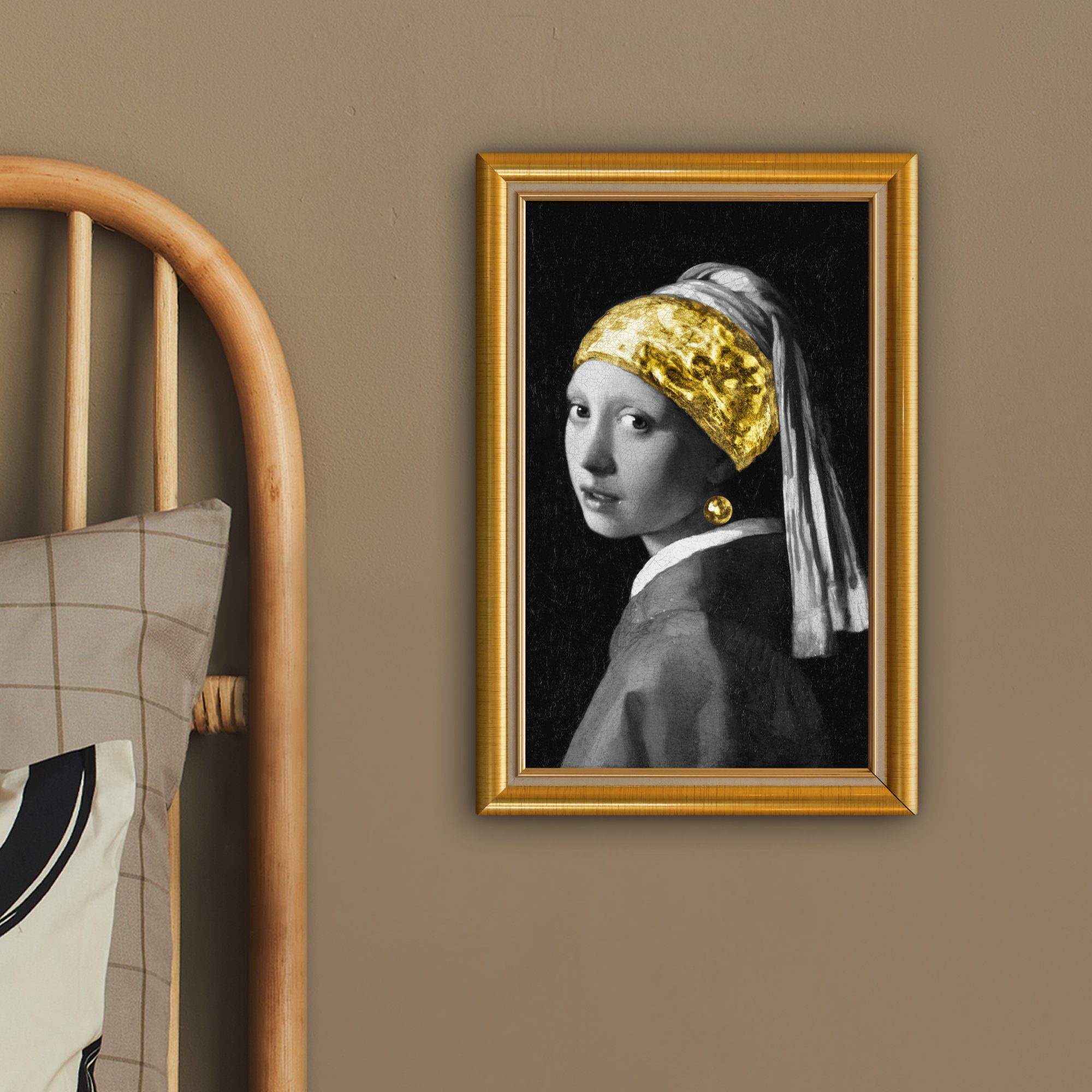 Vermeer 20x30 - fertig Gemälde, Gold Mädchen - St), (1 mit bespannt Rahmen, cm Leinwandbild Leinwandbild - OneMillionCanvasses® Perlenohrring Zackenaufhänger, inkl.