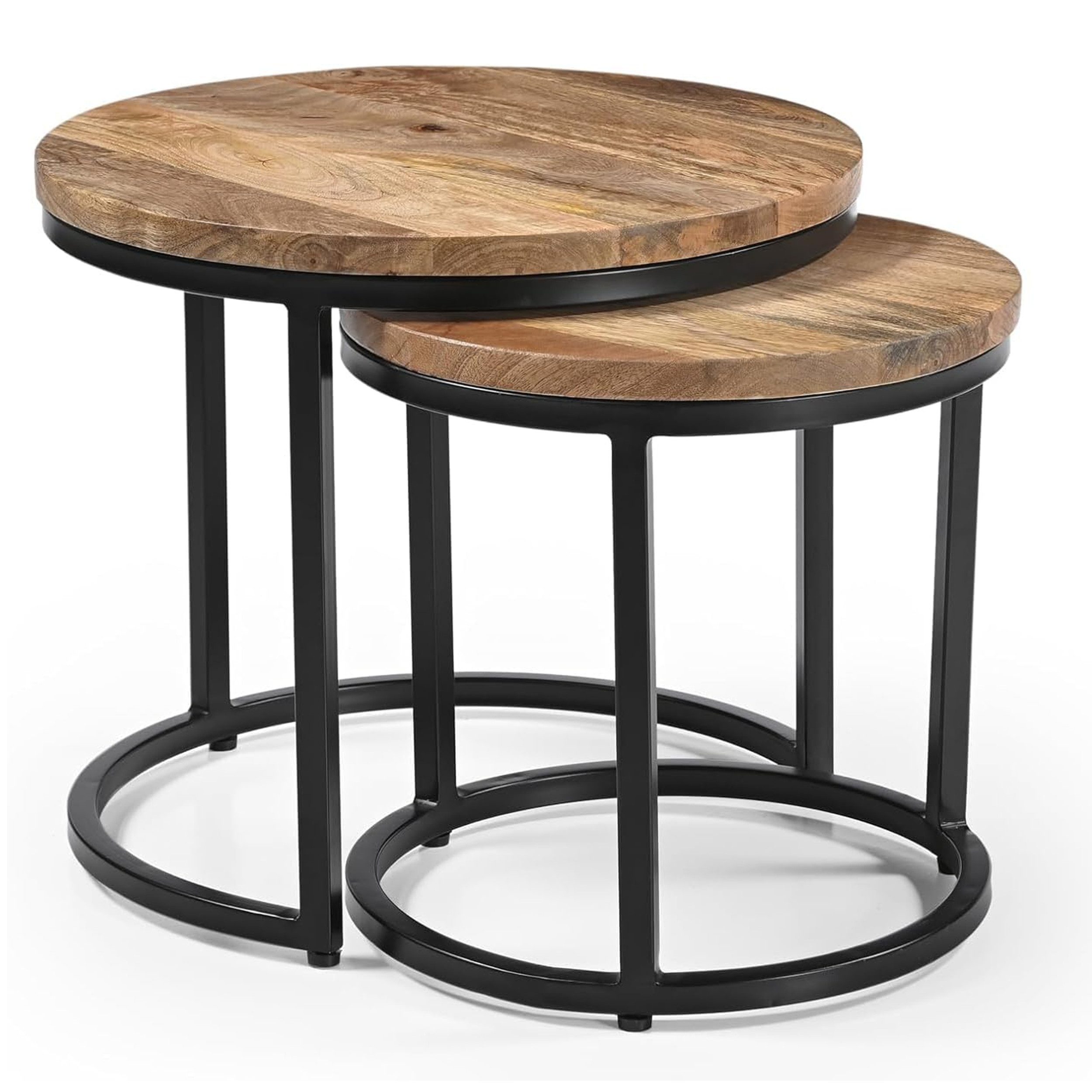 iAnanas Satztisch Satztisch rund aus Massivmangoholz Metallbeinen Industrial Wohnzimmer (Runder Sofatisch 2er Set Massivholz Beistelltische Industrial Design, 2-St., Satztisch-Set), 2er Couchtisch Set Rund Holz Beistelltische Modern Loft Design