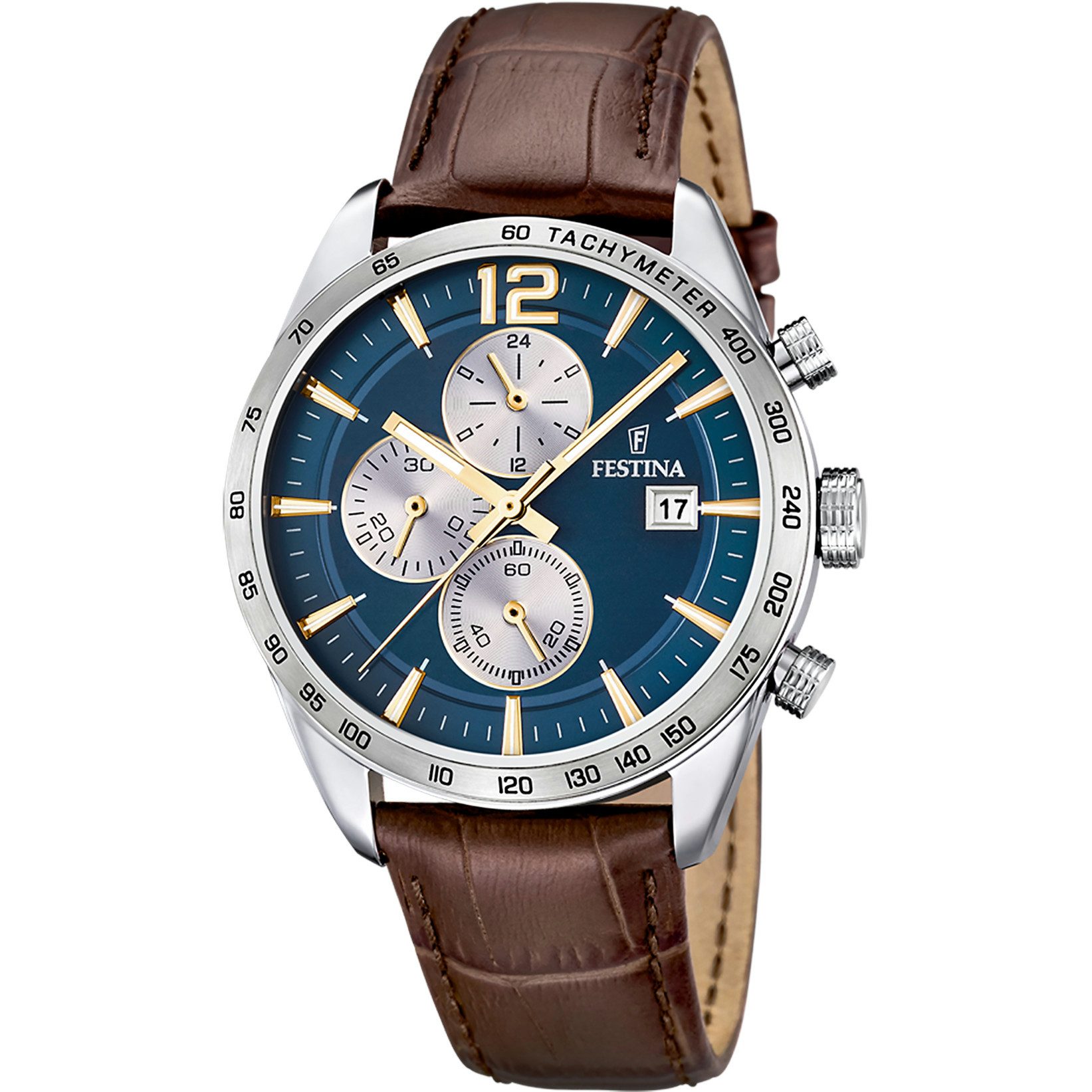 Festina Chronograph Herrenuhr F16760-7 Blau Lederband Braun 43,5 mm