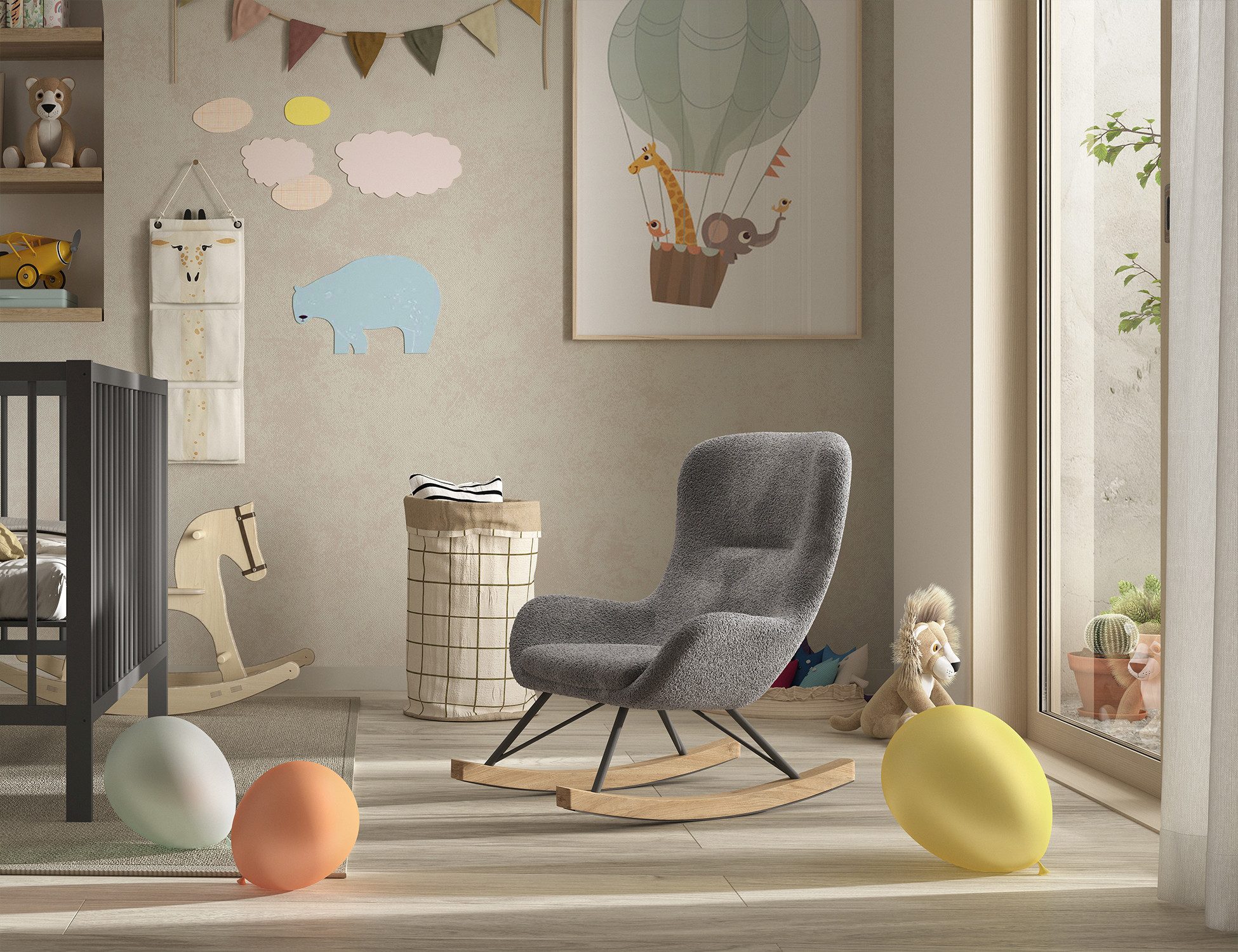 Vipack Schaukelstuhl Rocky, in flauschigem Bouclé Stoff, Kufen aus massiver Buche, Kinderschaukelstuhl für beruhigendes Schaukeln, zwei Цвета(ов)