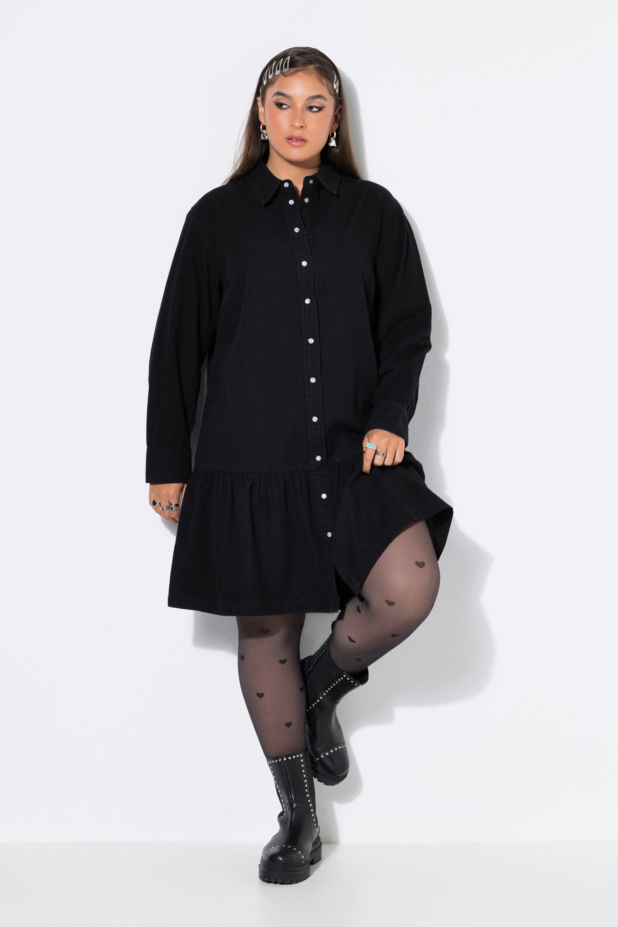 Studio Untold Midikleid Jeanskleid oversized Saumvolant weiter Langarm