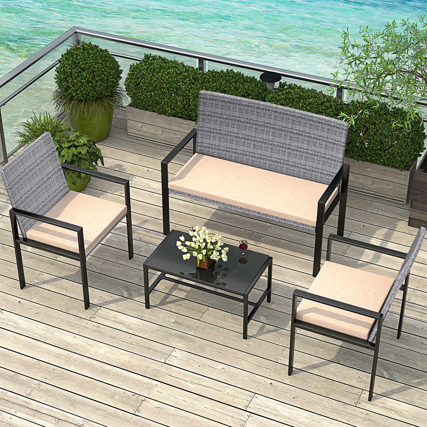 BIGZZIA Gartenlounge-Set Gartenmöbel-Set für den Außenbereich aus Rattan, 4-teilig, für 4 Personen, inklusive 1 Sofa, 2 Sessel, 1 Tisch