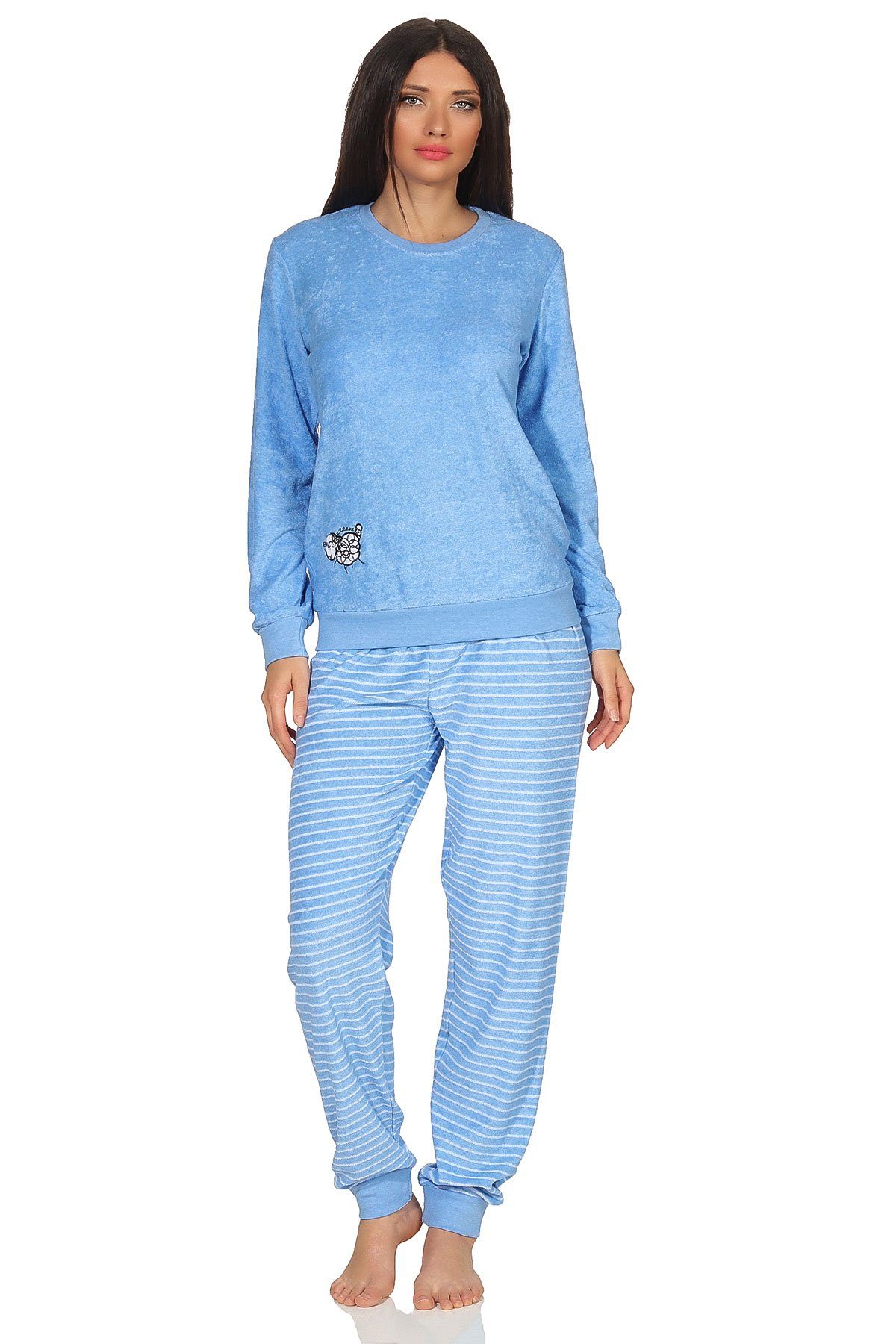 Normann Pyjama Damen Frottee Pyjama mit Bündchen, Schlafanzug mit süßem Tiermotiv hellblau