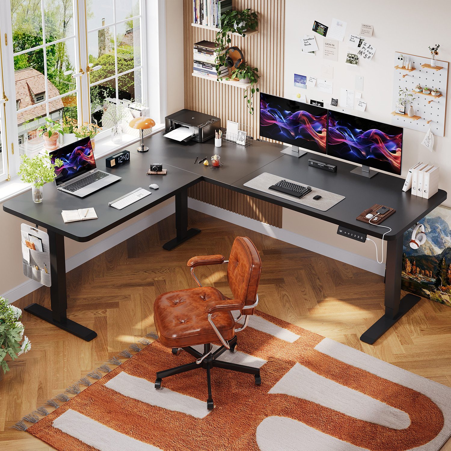 HOMALL Schreibtisch 20 mm starker EckSchreibtisch, L-förm höhenverstellbarer Schreibtisch (Maße: 160 × 140 / 190 × 155, 20 mm dicke Tischplatte, Tragkraft bis zu 100 kg, mit beweglicher Steckdose, in 3 Stufen höhenverstellbar)