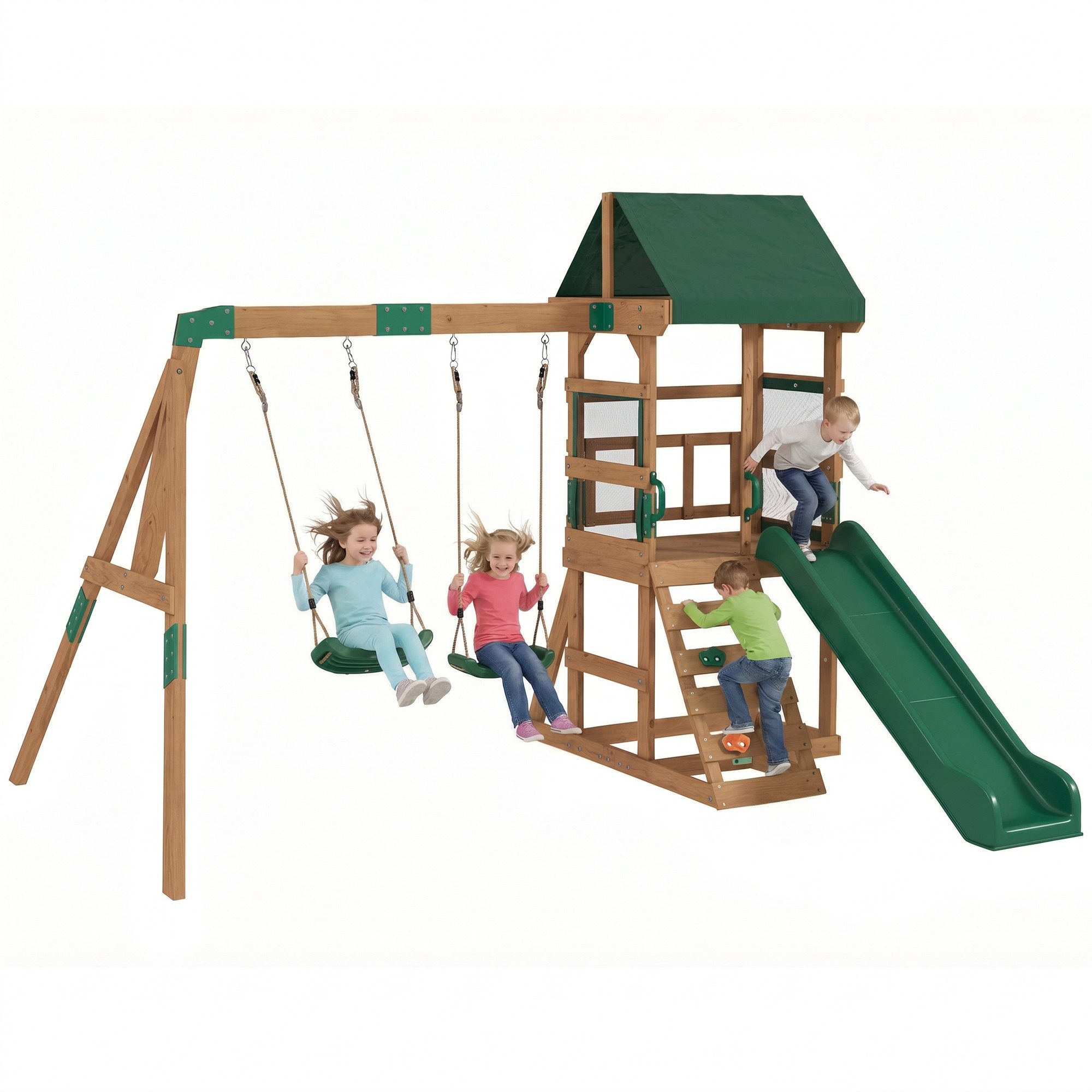 AIYAPLAY Schaukelgestell Rutsche, Schaukeln, Kletterwand, überdachtem Oberdeck Spielhaus, (Spielturm Klettergerüst, 1-tlg., Outdoor Kinder Kletterturm), aus Holz für 3-8 Jahre Kinder 315x284x233 cm